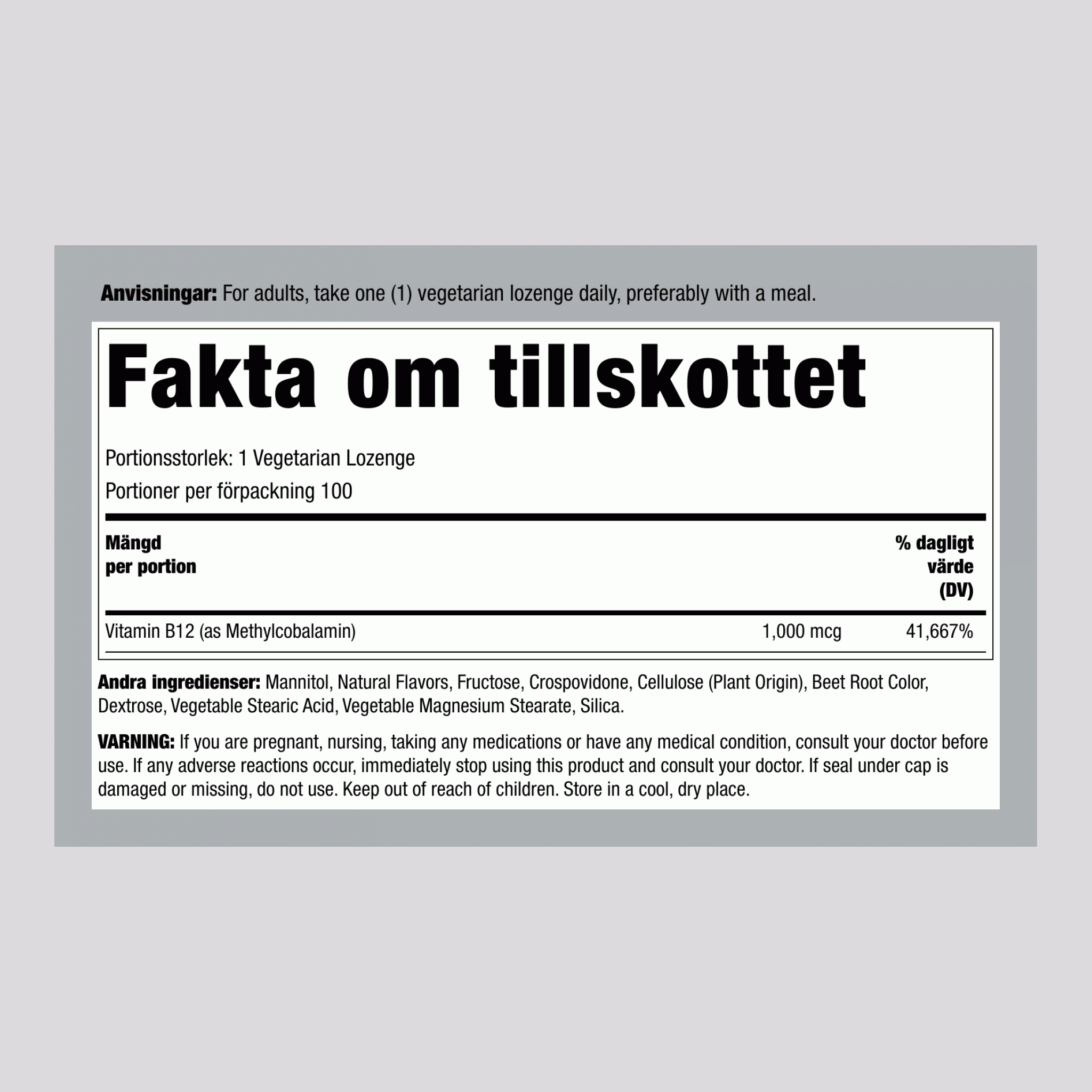 Metyl B-12-sugtabletter (naturlig bärsmak) 1000 mcg 100 Vegetariska sugtabletter     