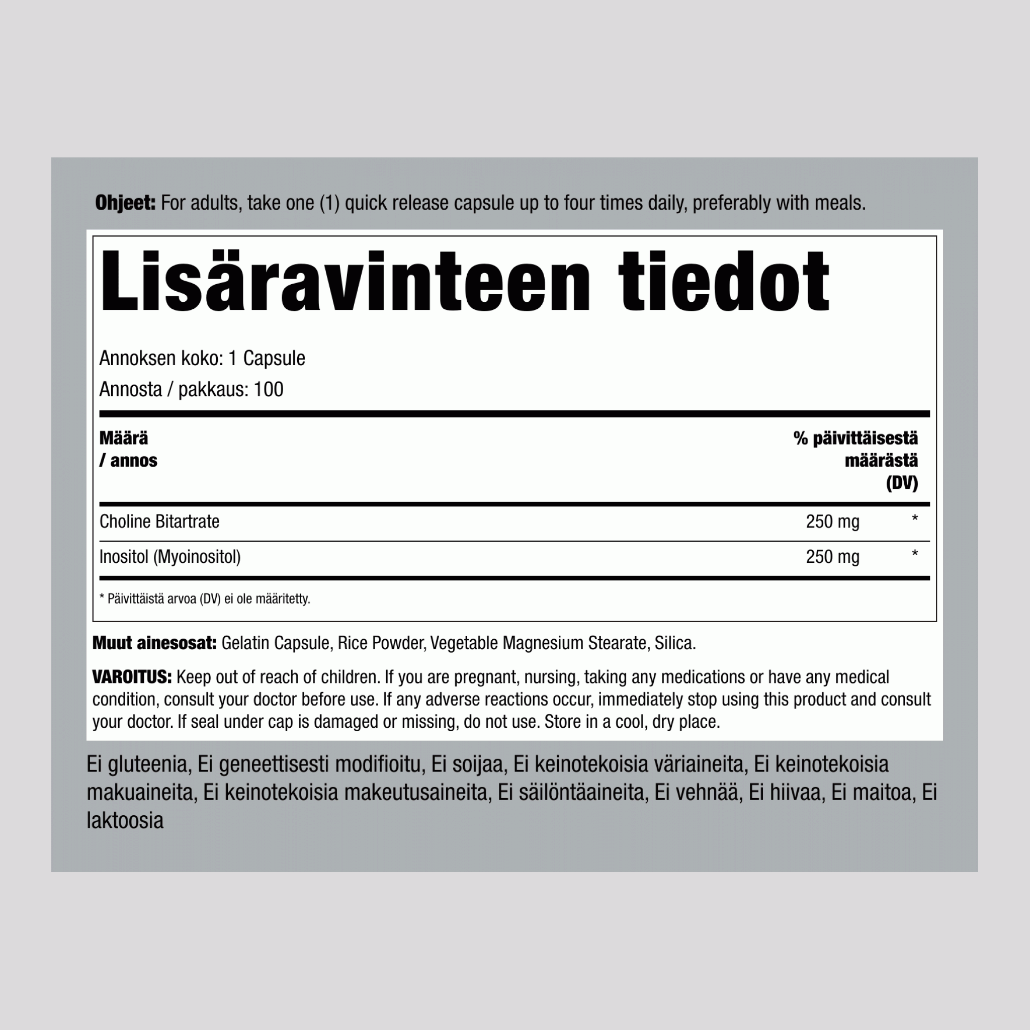 Koliini & inositoli 500 mg 100 Pikaliukenevat kapselit       