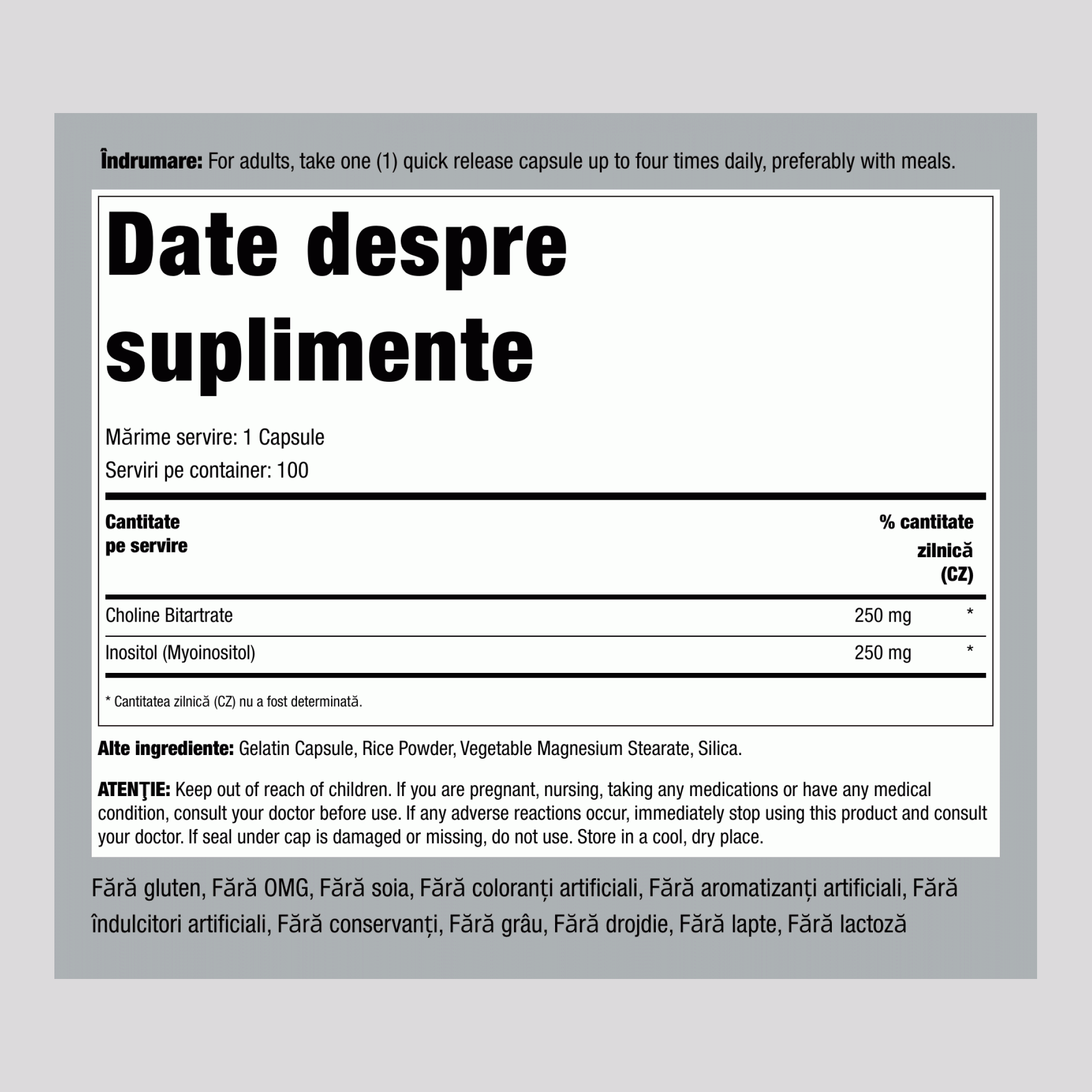 Colină & Inozită 500 mg 100 Capsule cu eliberare rapidă       