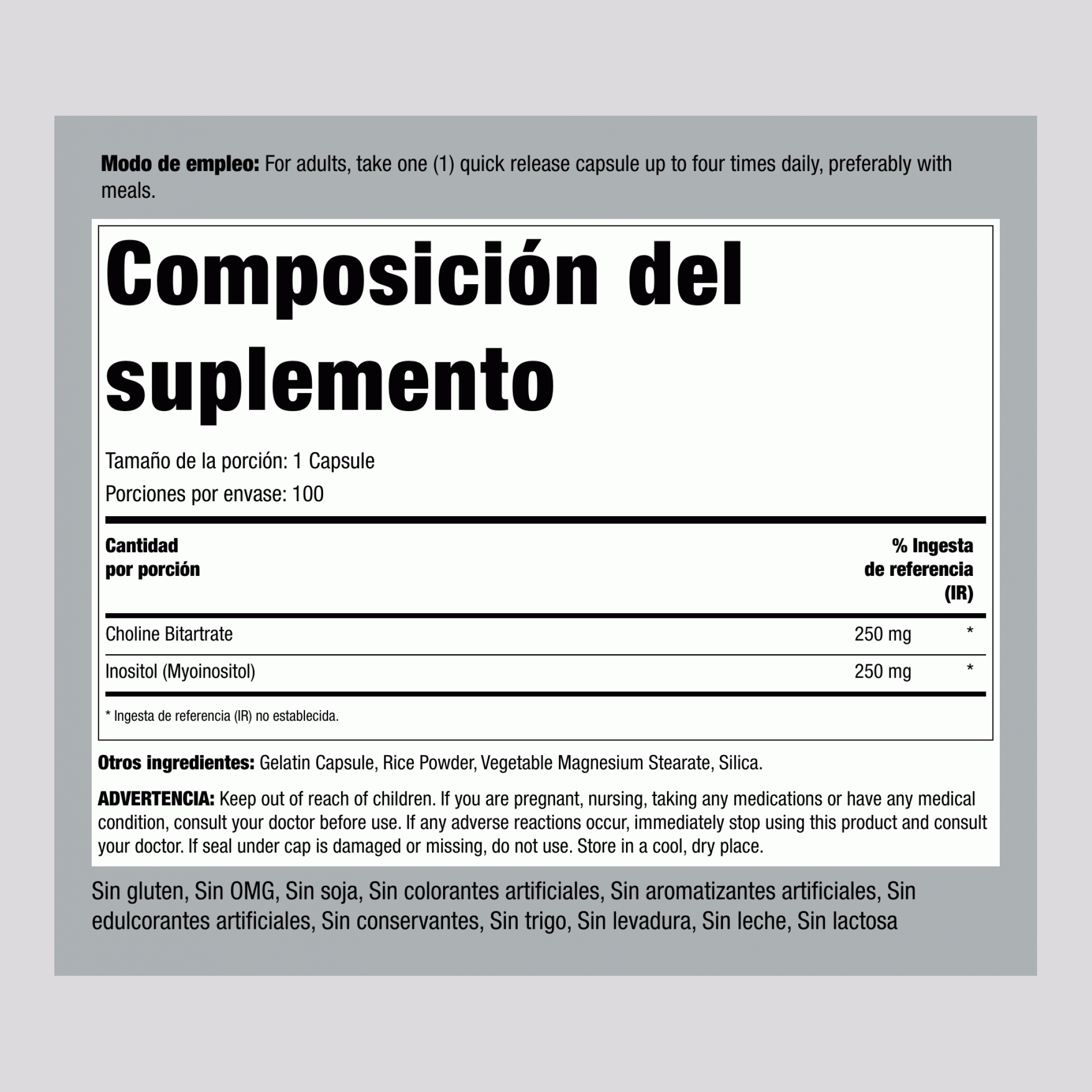 Colina & Inositol 500 mg 100 Cápsulas de liberación rápida 2 Botellas/Frascos    