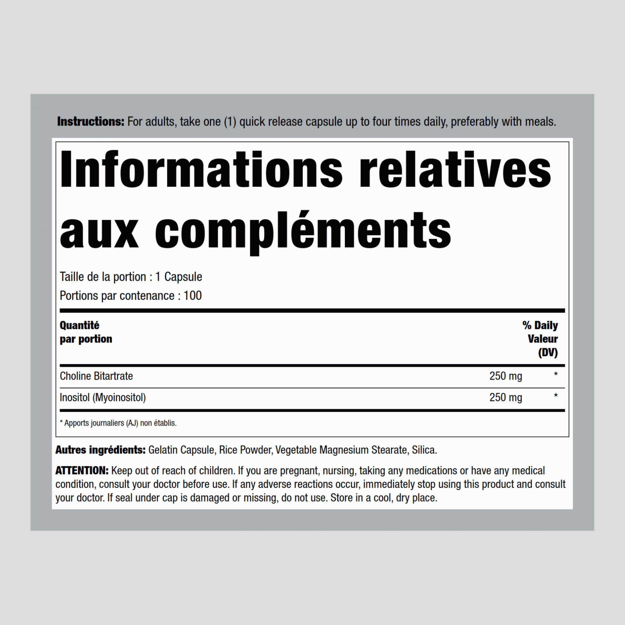 Choline & Inositol 500 mg 100 Gélules à libération rapide 2 Bouteilles    