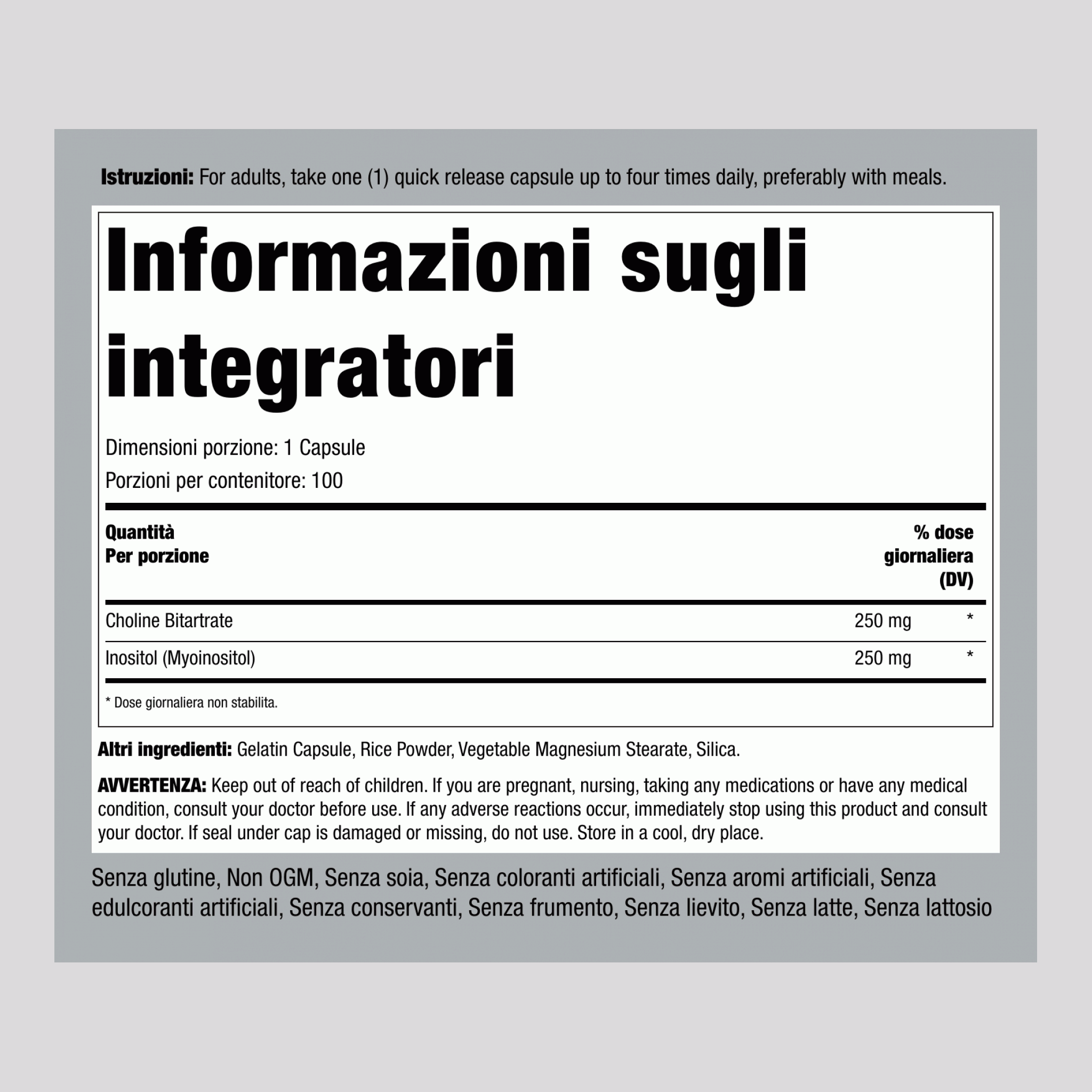 Colina & inositolo 500 mg 100 Capsule a rilascio rapido 2 Bottiglie    