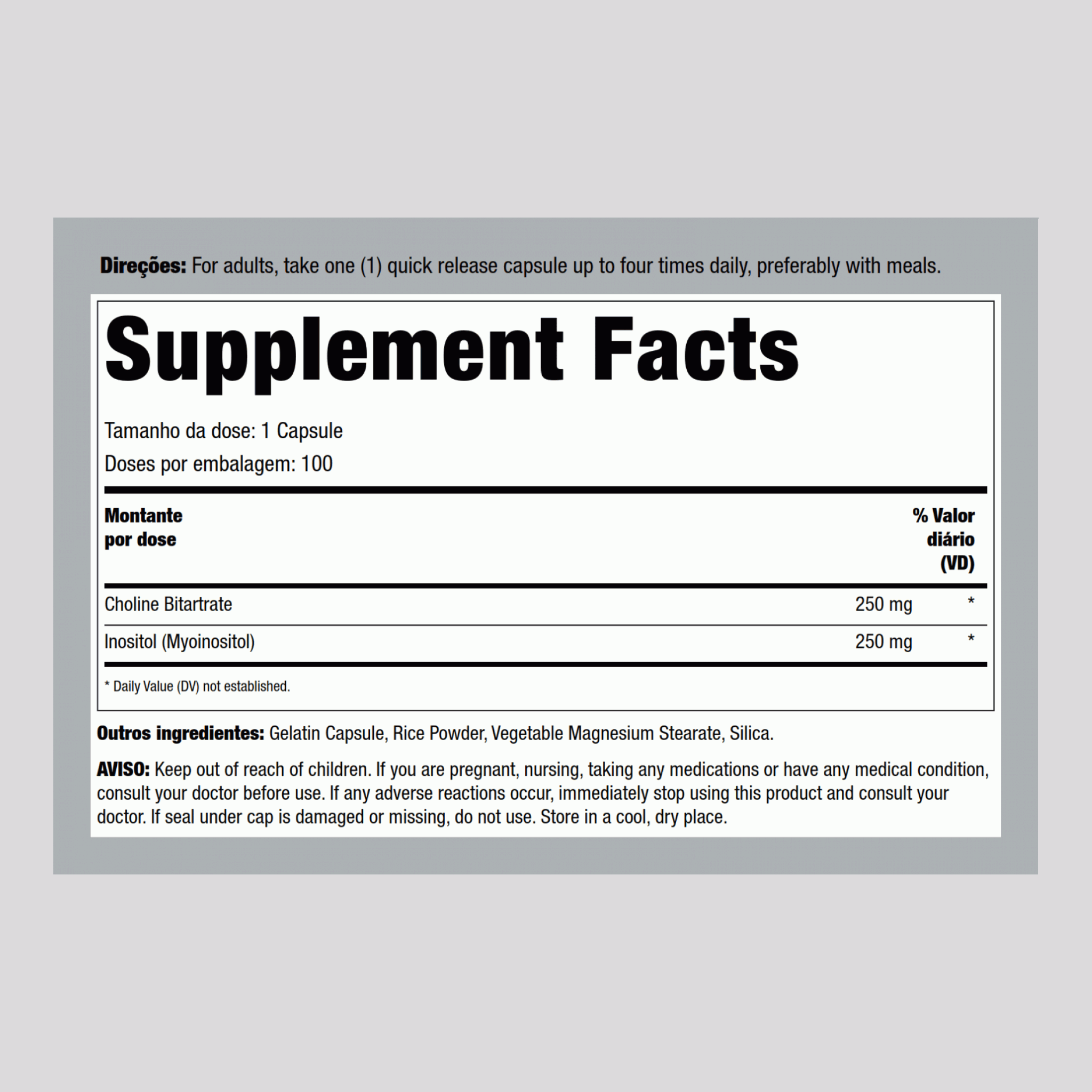 Colina & Inositol 500 mg 100 Cápsulas de Rápida Absorção 2 Frascos    