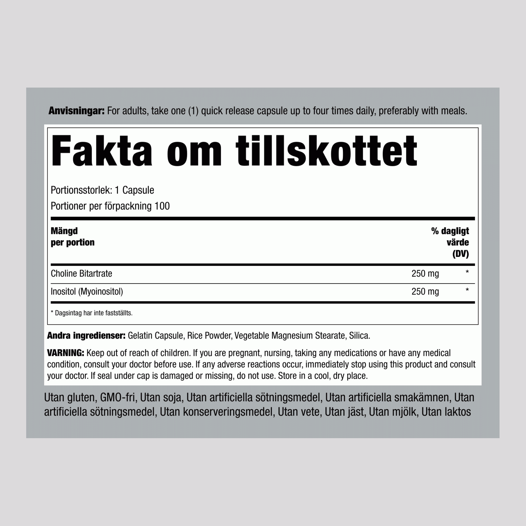 Holin & inozitol 500 mg 100 Kapsule s hitrim sproščanjem 2 Steklenice    