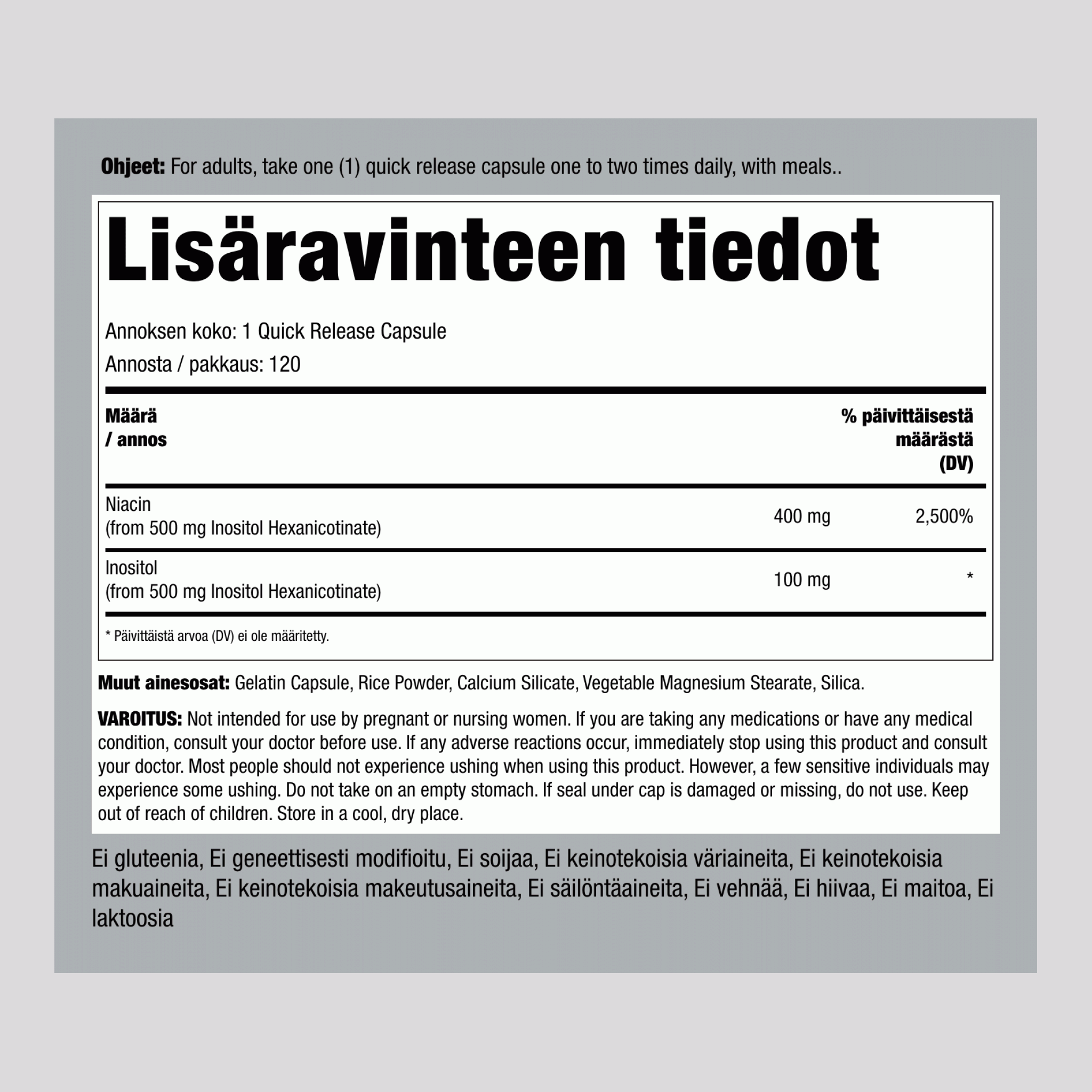 Punastuttamaton niasiini  500 mg 120 Pikaliukenevat kapselit     