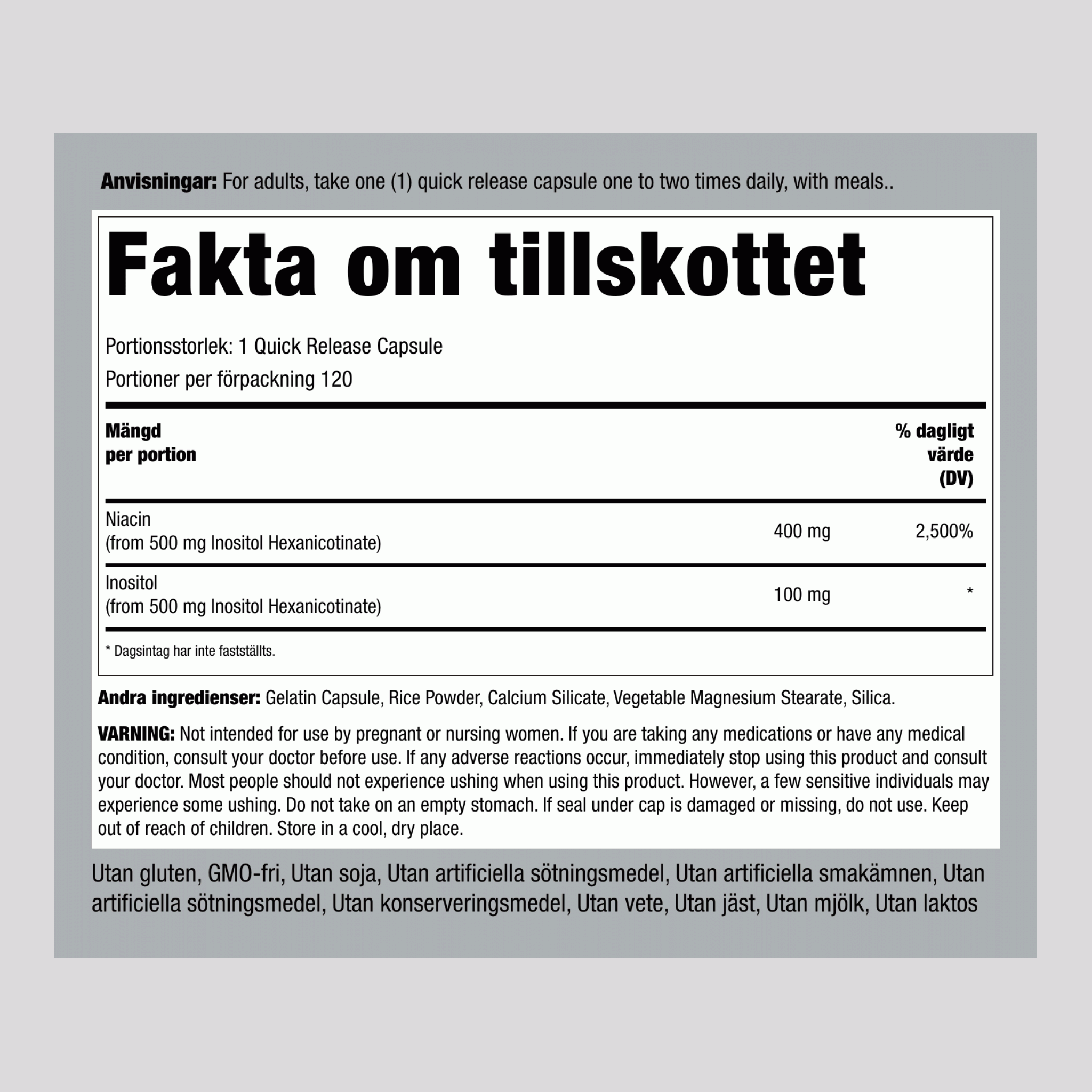 Sköljfri nikotinsyra  500 mg 120 Snabbverkande kapslar     