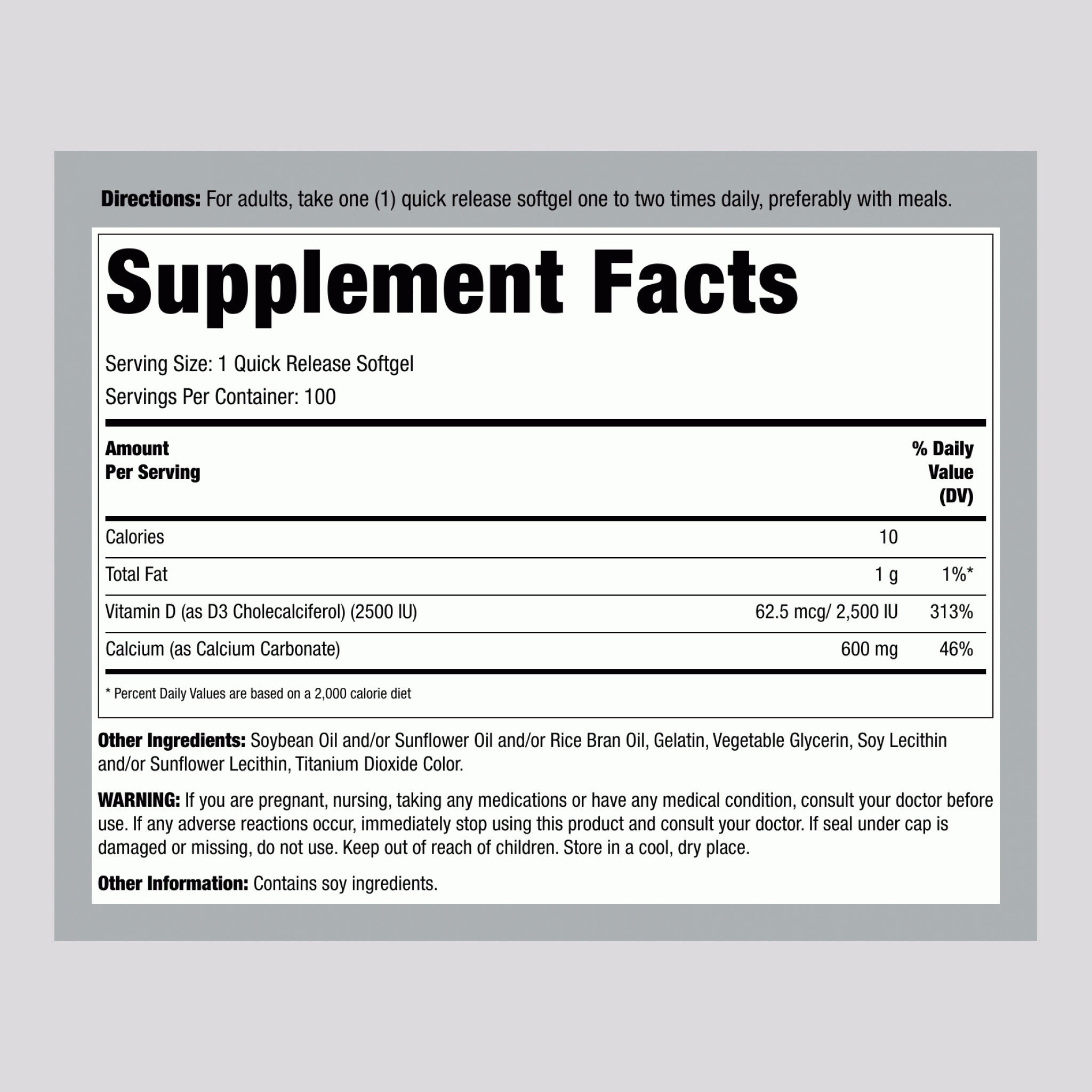 Calcium 600 mg with Vitamin D3 2500 IU, 100 Quick Release Softgels