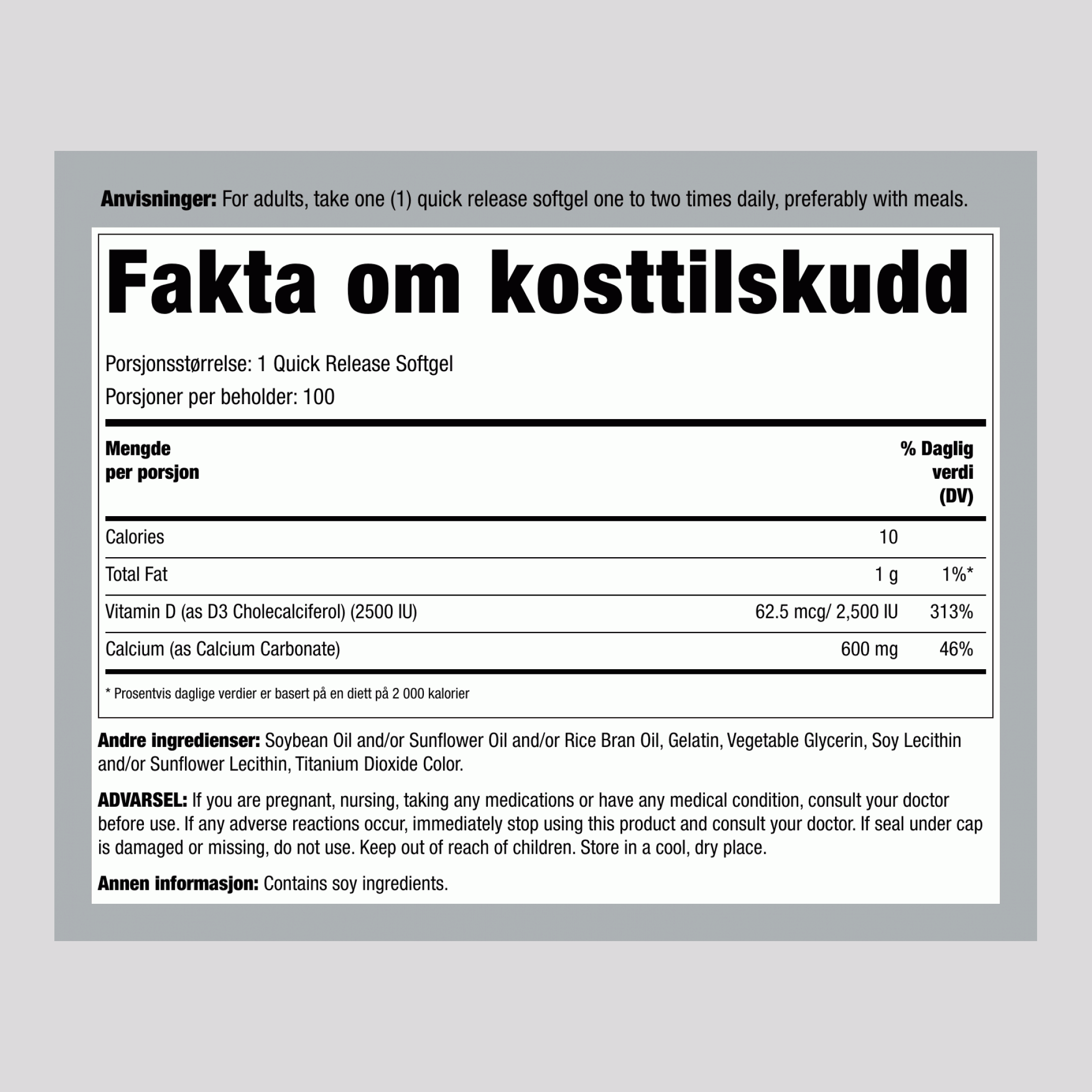 Kalsium 600 mg med vitamin D3 2500 IE 100 Hurtigvirkende myke geleer       