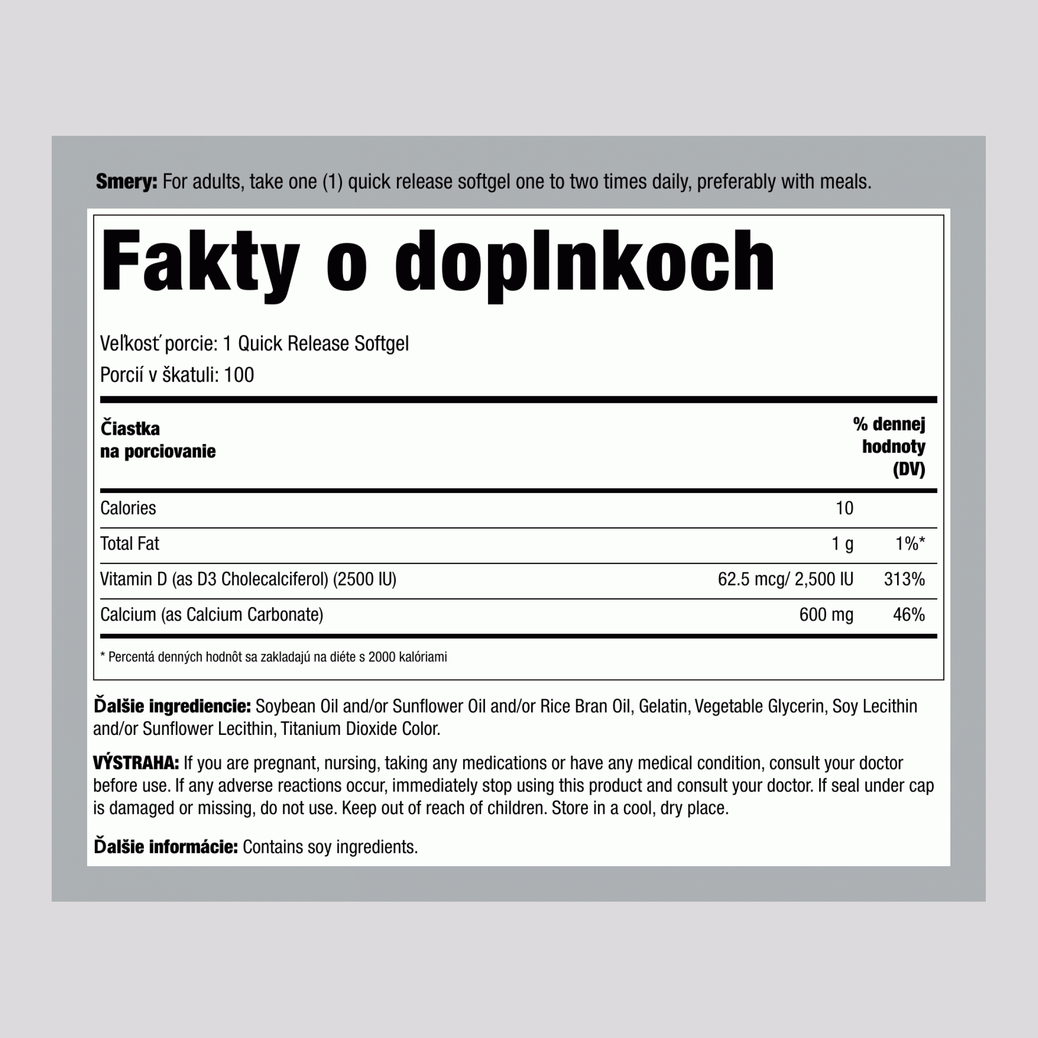 Vápnik 600 mg s vitamínom D3 2500 IU 100 Mäkké gély s rýchlym uvoľňovaním       