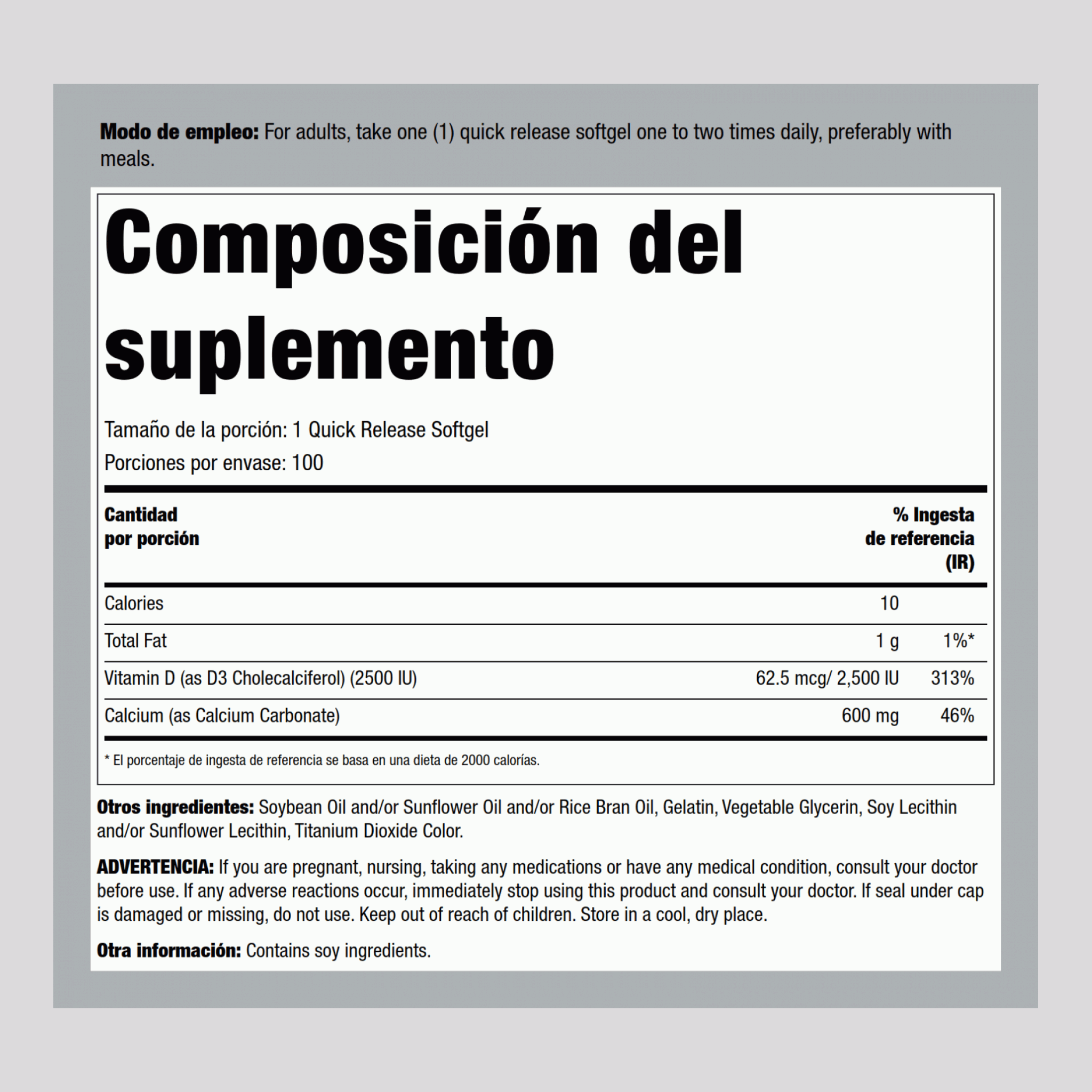 Calcio, 600 mg, con 2500 IU de vitamina D3 100 Cápsulas blandas de liberación rápida       