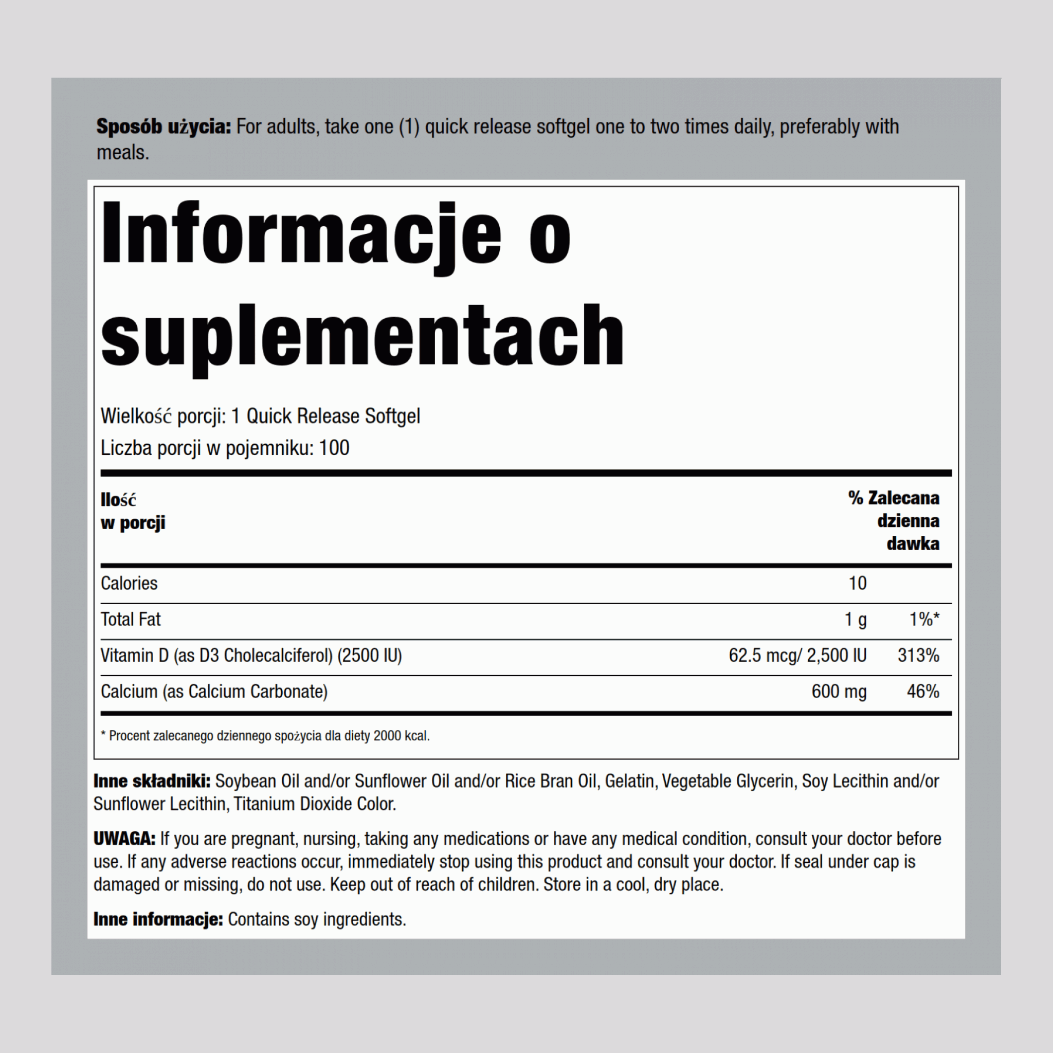 Wapń 600 mg z witaminą D3 2500 IU 100 Miękkie kapsułki żelowe o szybkim uwalnianiu       