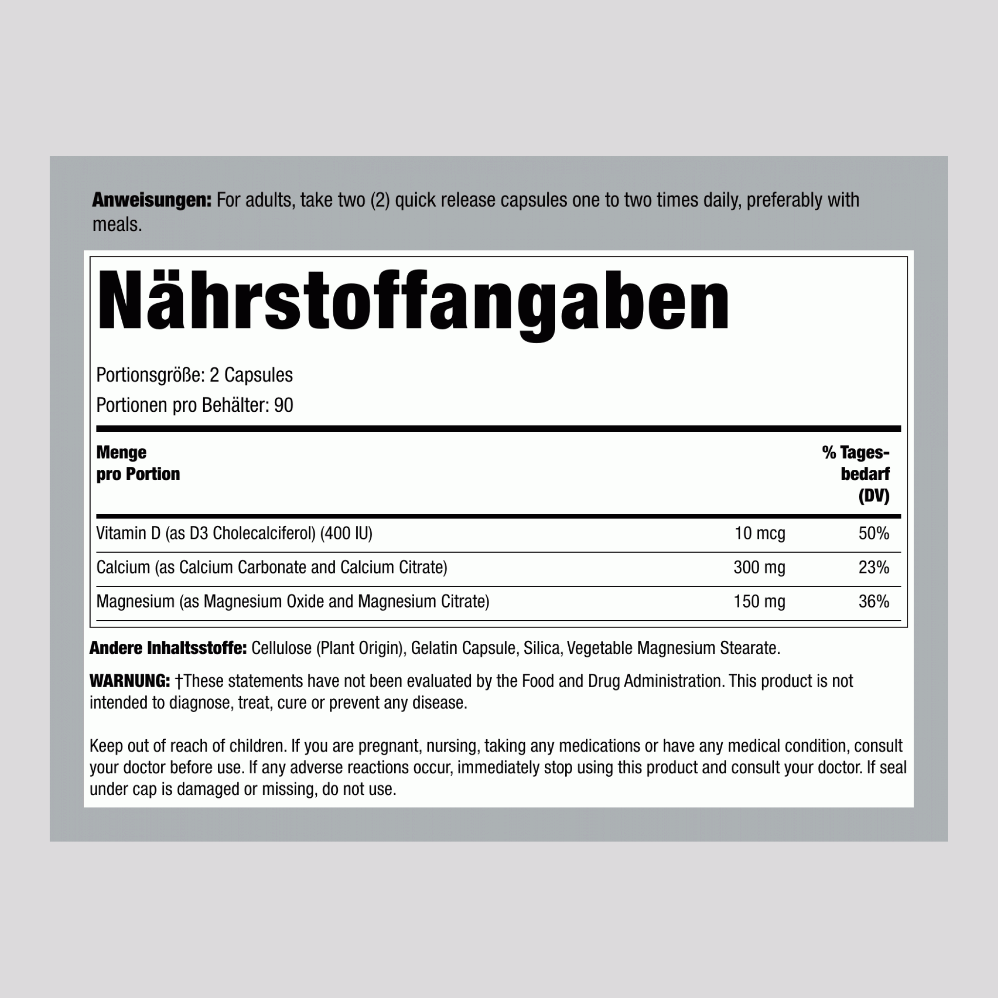 Calciumcitrat plus Vitamin D3 & Magnesium 180 Kapseln mit schneller Freisetzung       