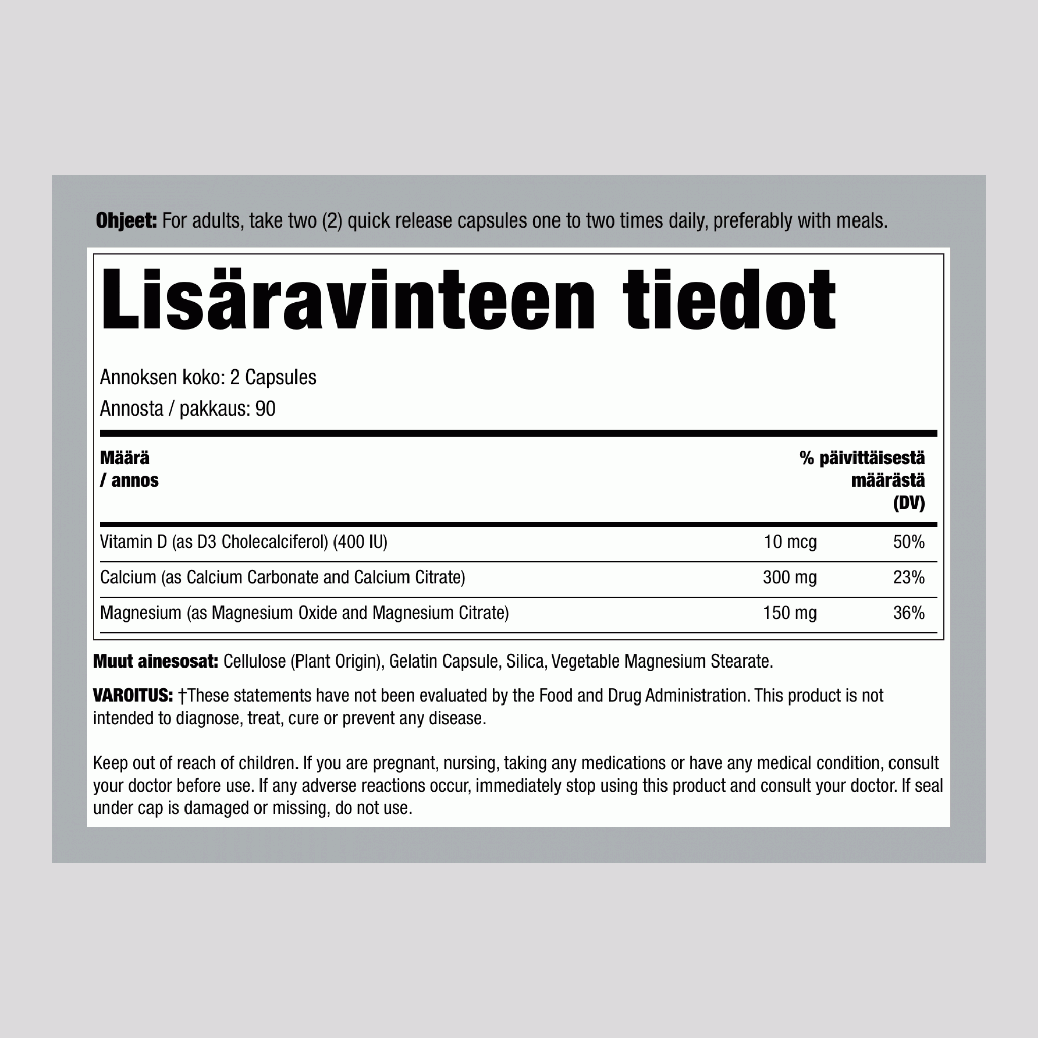 Kalsiumsitraatti ja D3-vitamiini & Magnesium 180 Pikaliukenevat kapselit       
