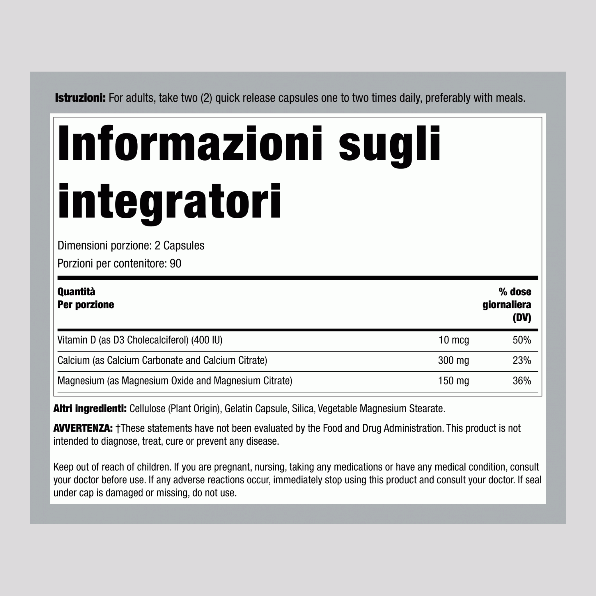 Citrato di calcio più vitamina D3 & Magnesio 180 Capsule a rilascio rapido       
