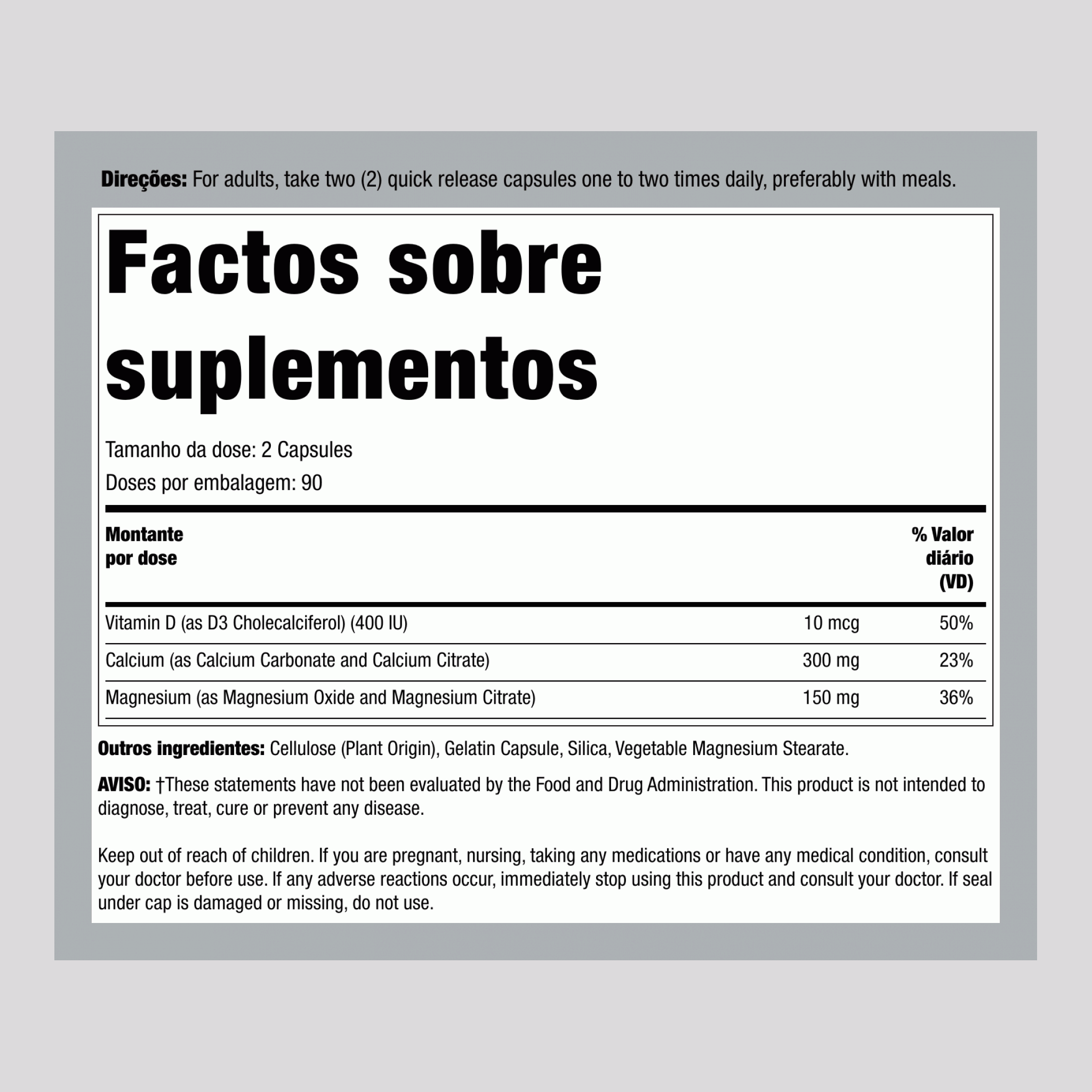 Citrato de cálcio Plus vitamina D3 & Magnésio 180 Cápsulas de Rápida Absorção       