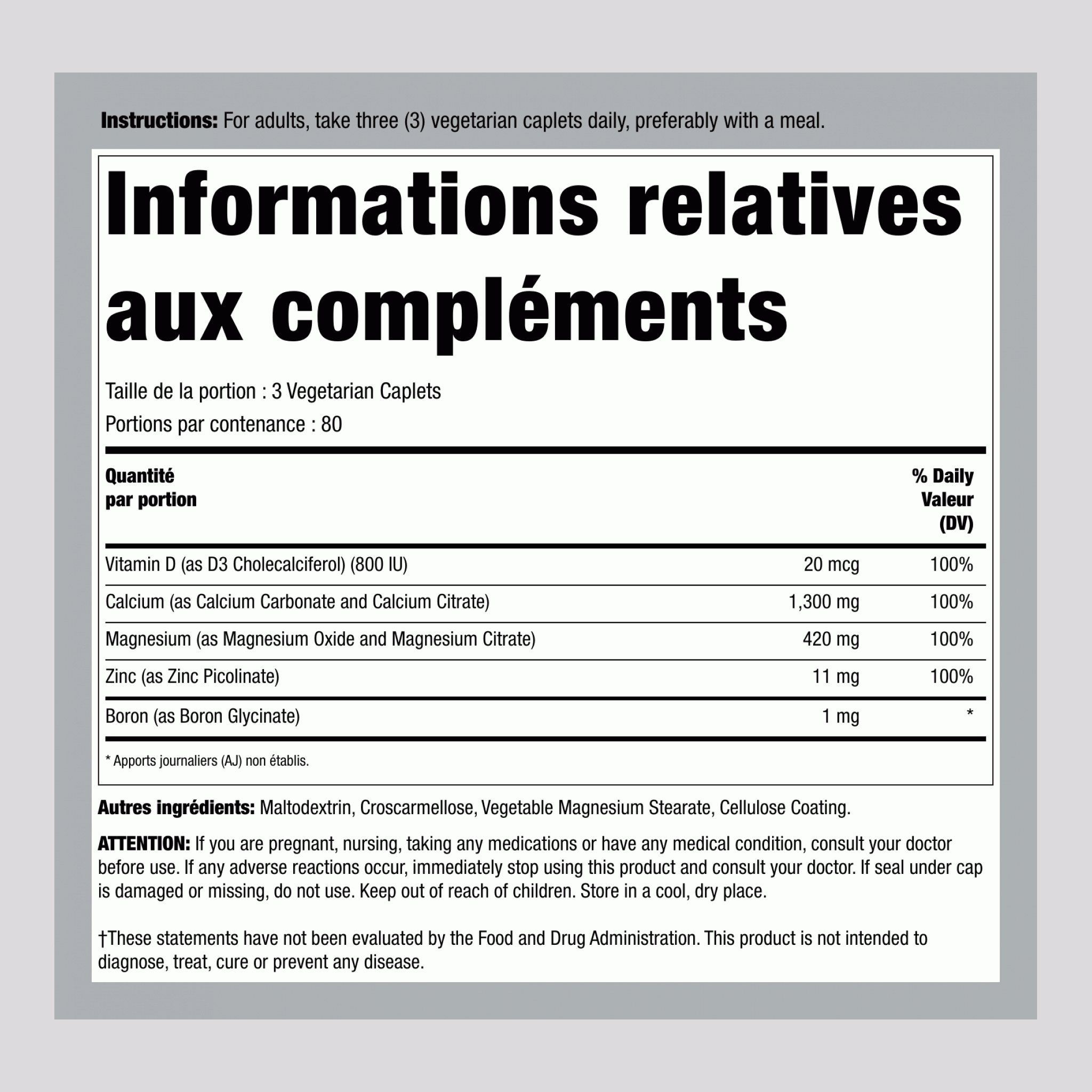 Calcium Magnesium Zinc avec D3 240 Végétarienne Petits comprimés       