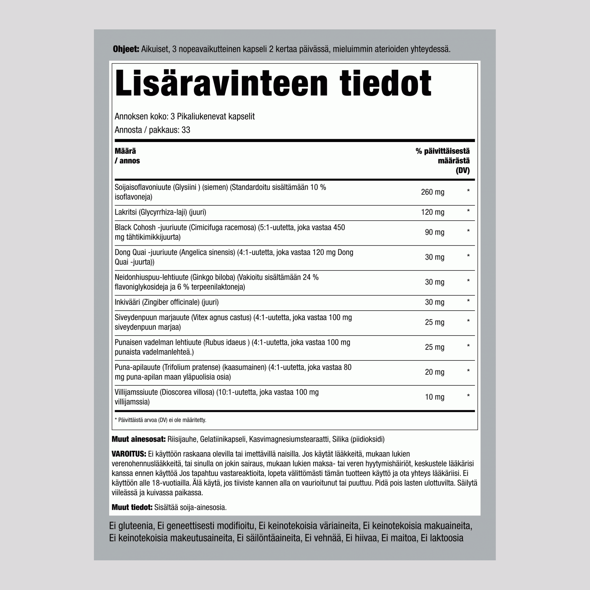 Vaihdevuosioireisiin 100 Pikaliukenevat kapselit       