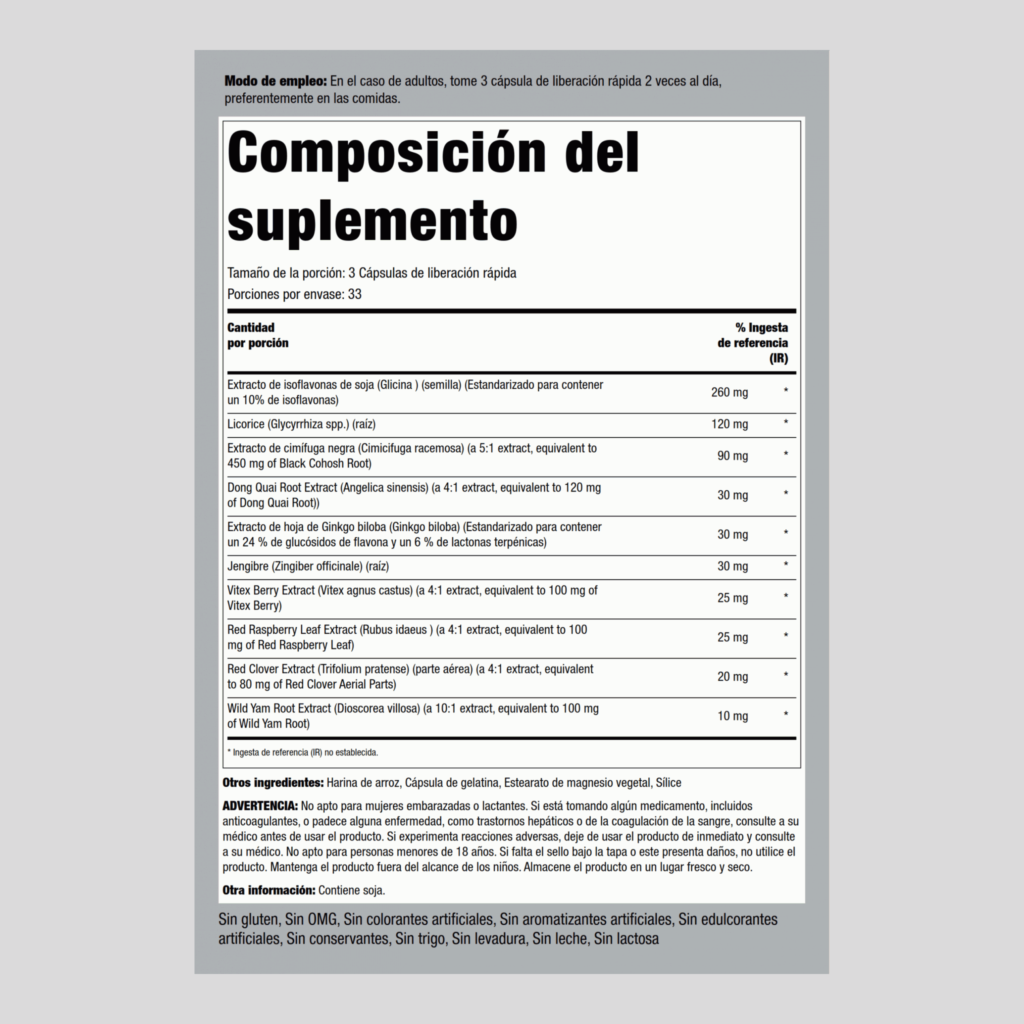 Alivio de los síntomas de la menopausia,  100 Cápsulas de liberación rápida 2 Botellas/Frascos