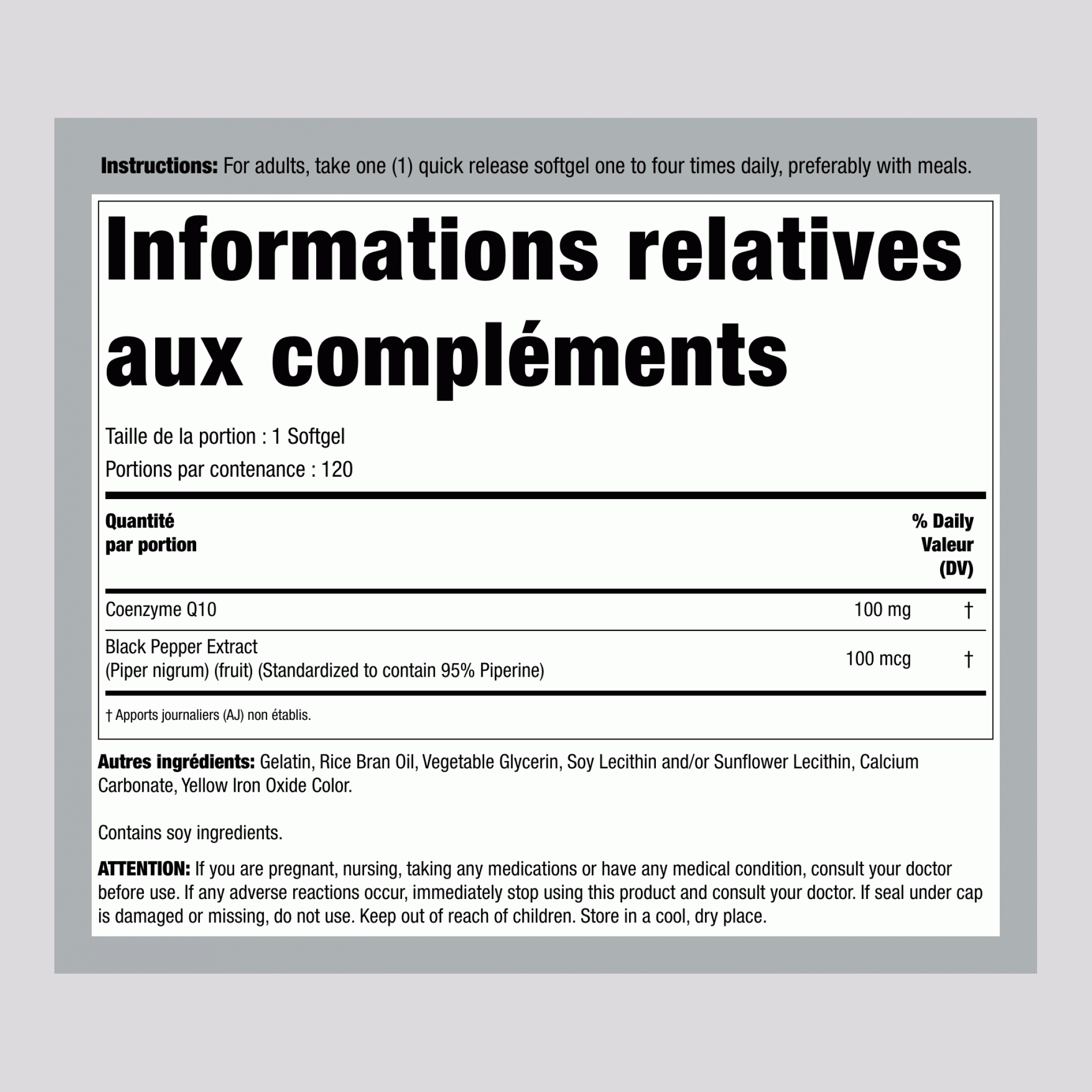 CoQ10 100 mg 120 Capsules molles à libération rapide     