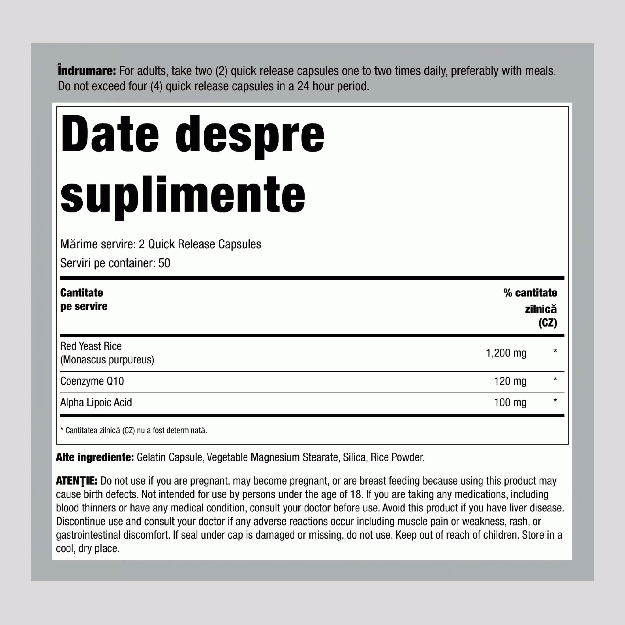 Coenzima Q10 cu drojdie de orez roşu 100 Capsule cu eliberare rapidă       
