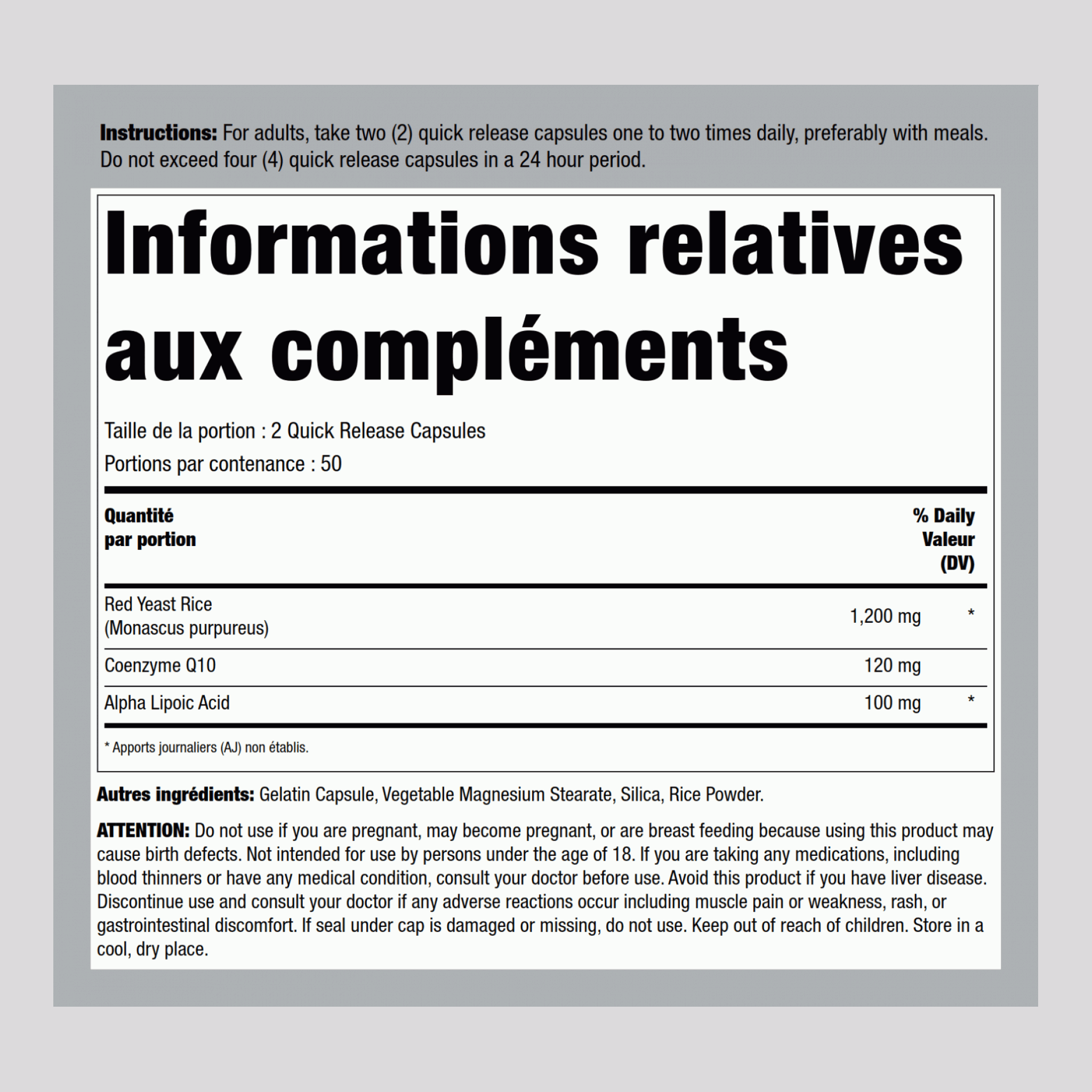 CoQ10 avec levure de Riz Rouge 100 Gélules à libération rapide 2 Bouteilles    