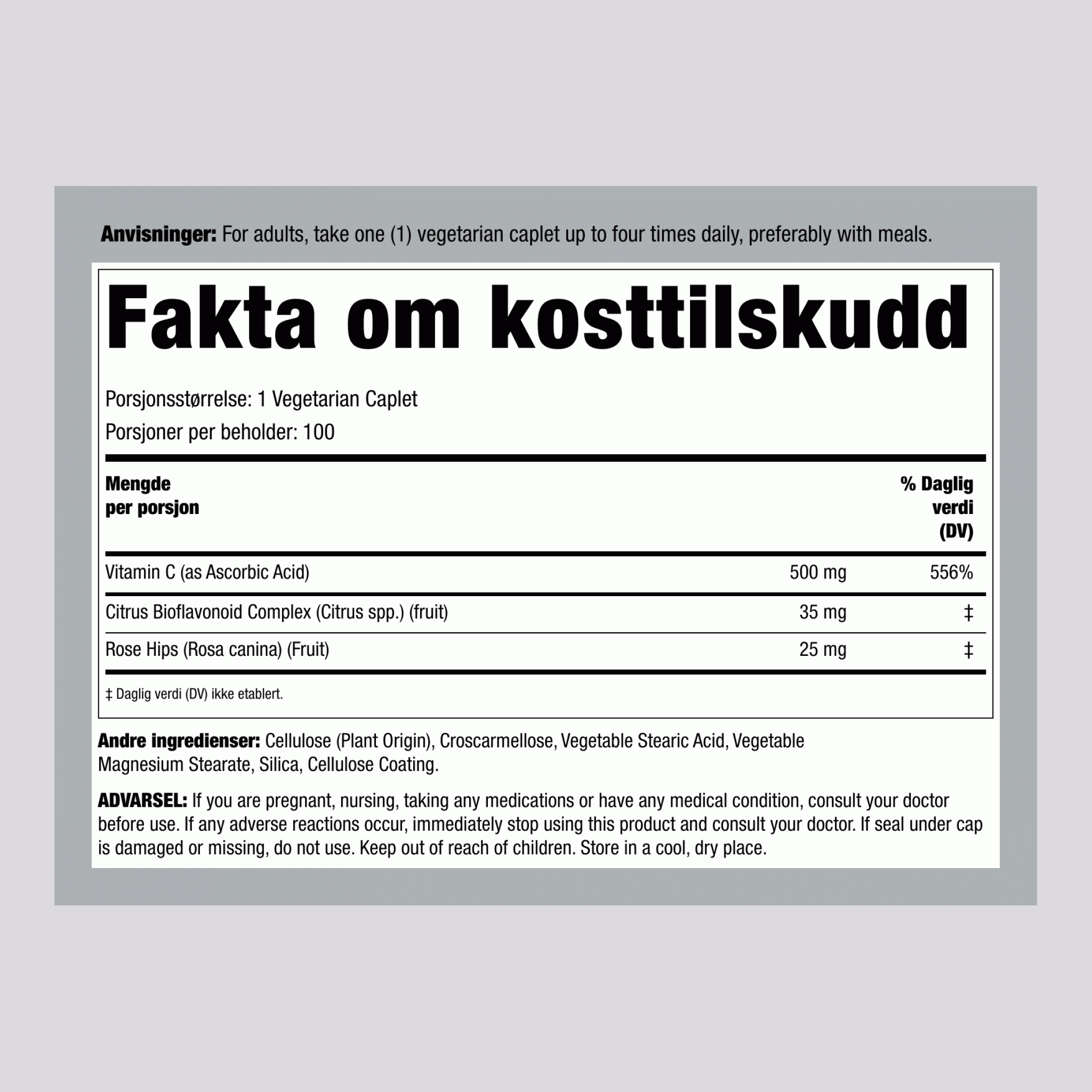 Vitamin C 500mg med bioflavonoider og klungerroser 100 Vegetariske Kapsler       