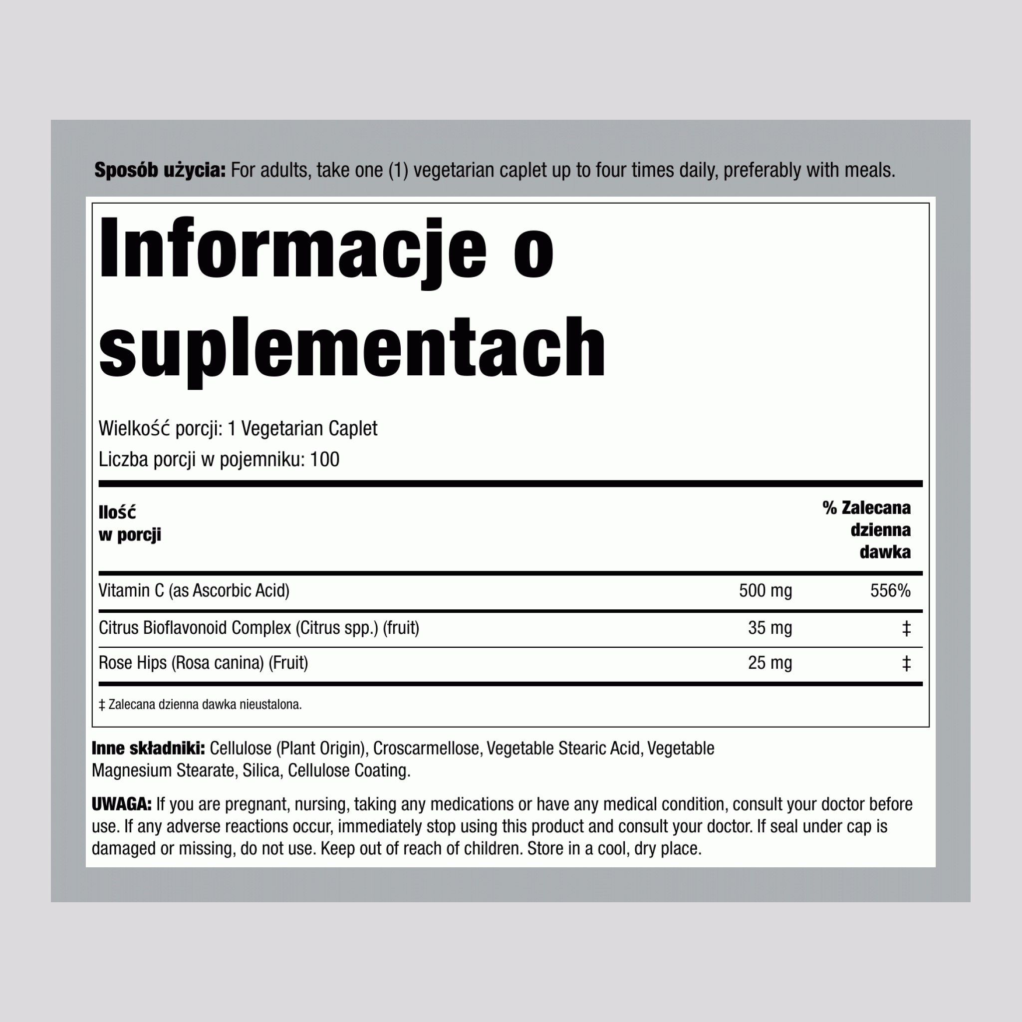 Witamina C 500mg w bioflawonoidami i dziką różą 100 Wegetariańska Kapsułki       