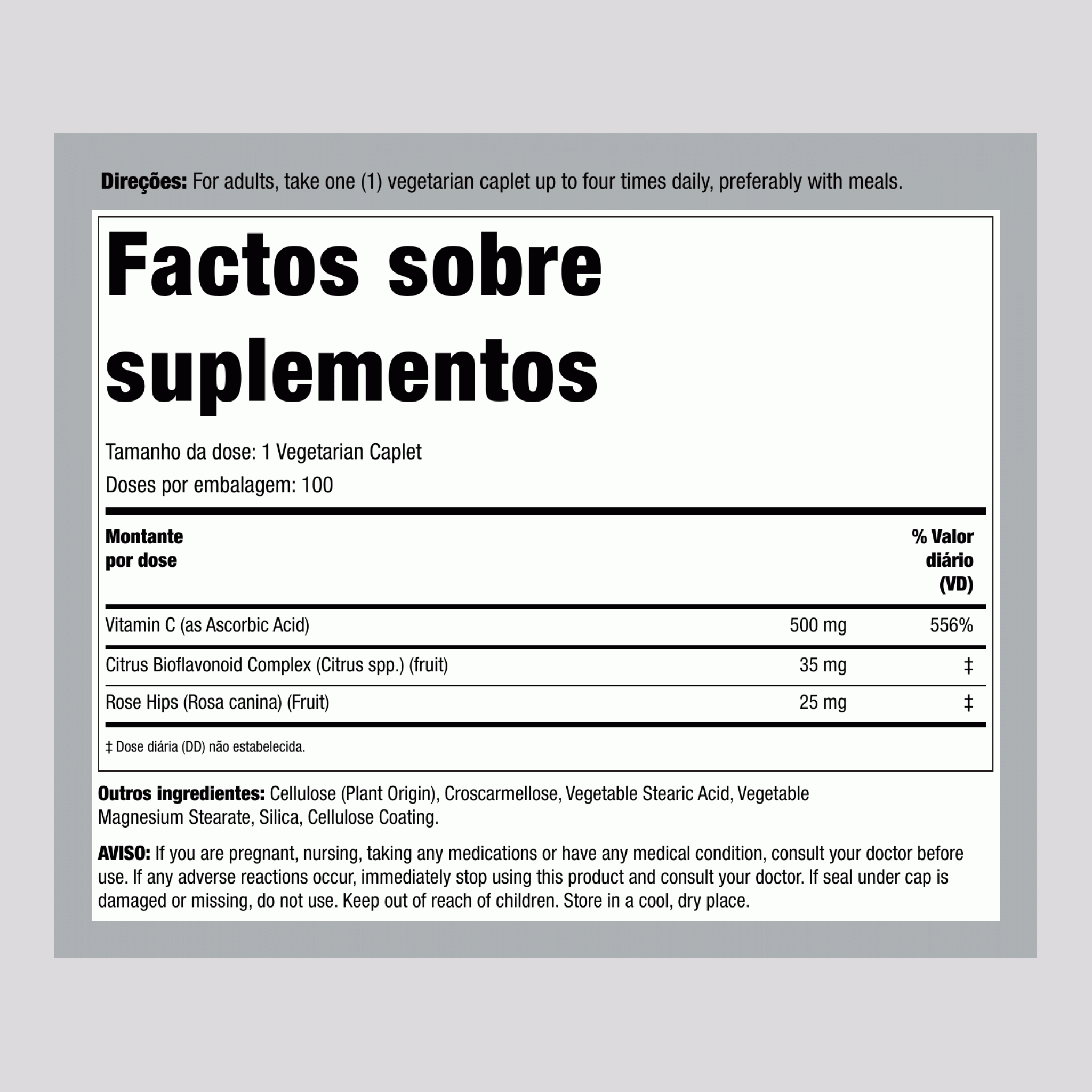 Vitamina C 500mg c/ bioflavonóides e frutos de roseira brava 100 Vegetariana Comprimidos oblongos       