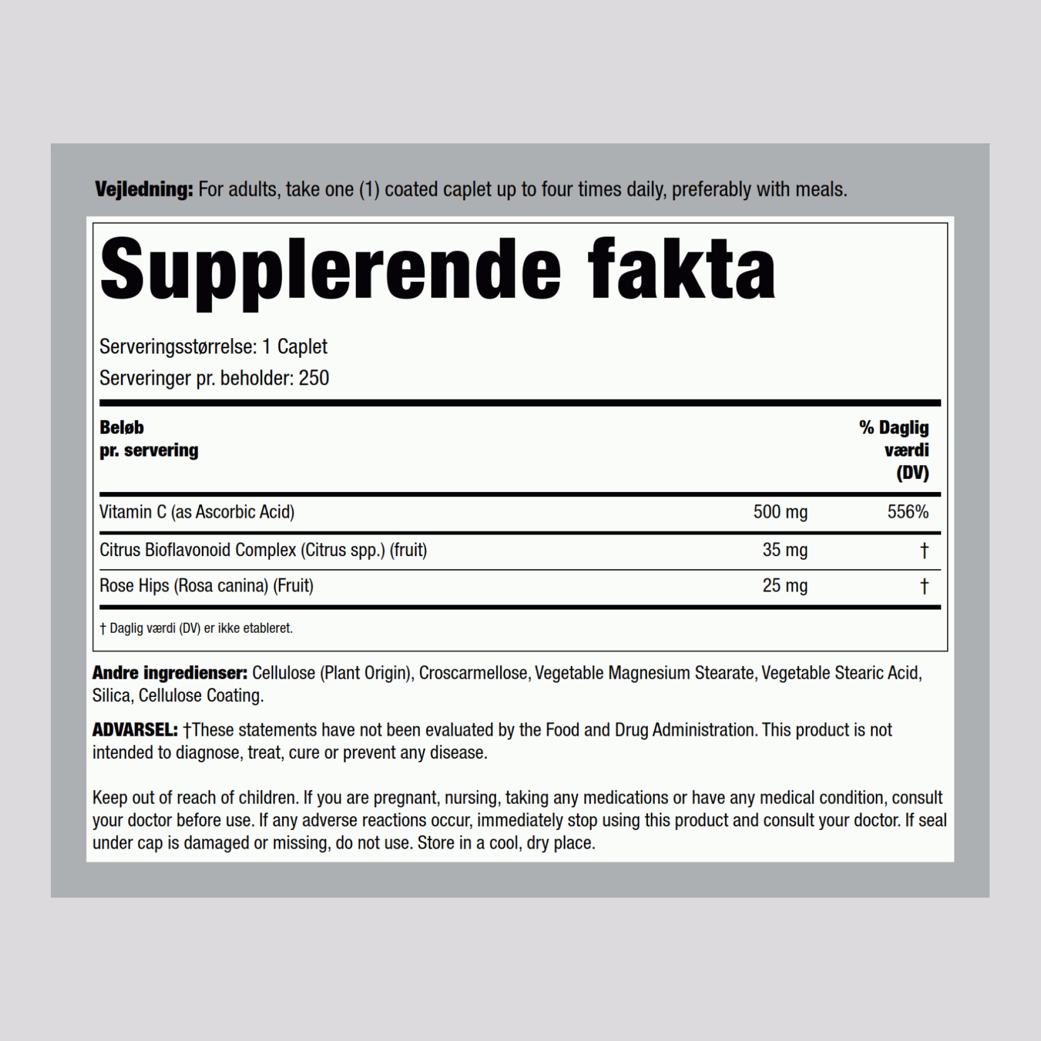 Vitamin C 500mg m/bioflavonoider og hyben 250 Overtrukne kapsler       