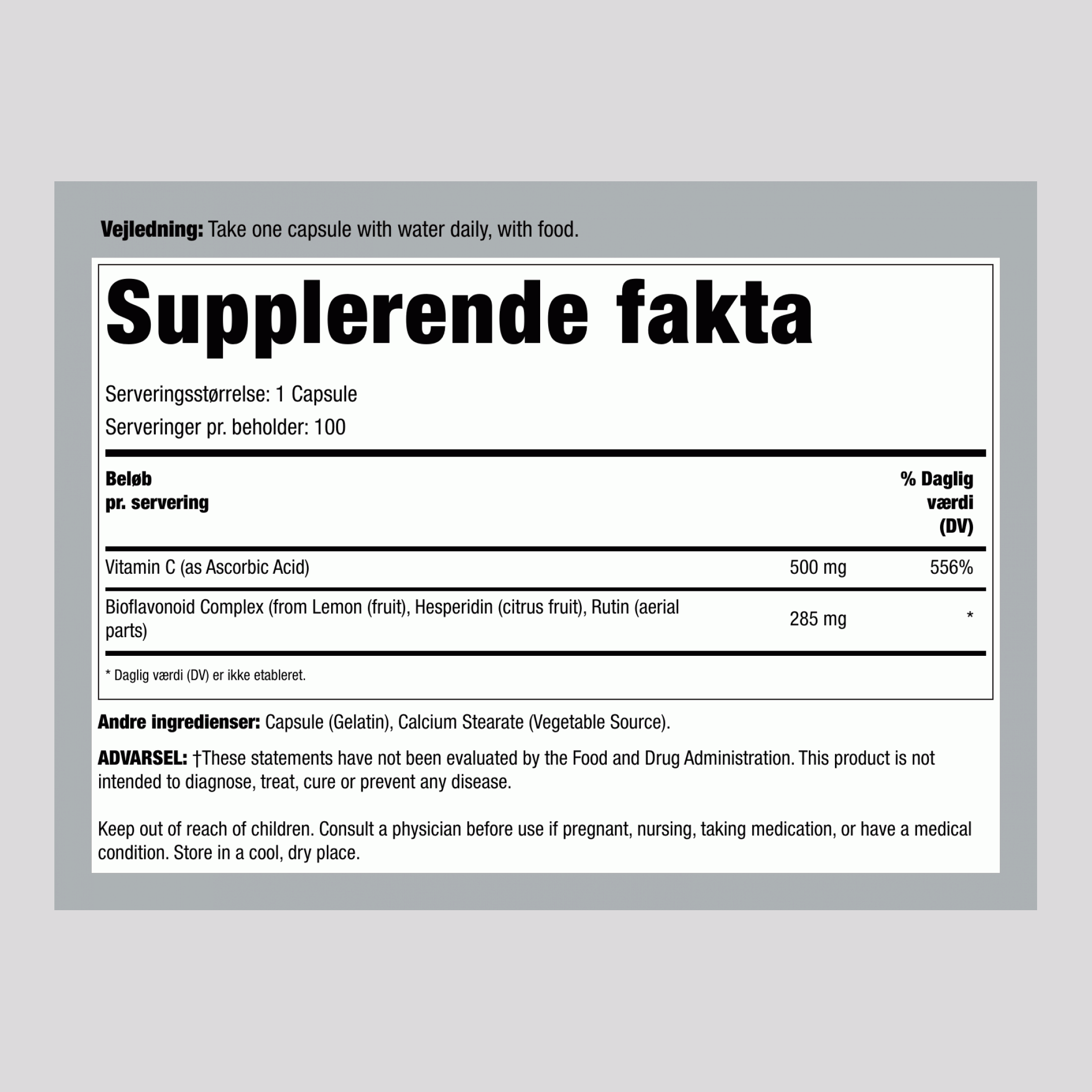 Bio C-kapsler af 500 mg med bioflavonoider 100 Kapsler       