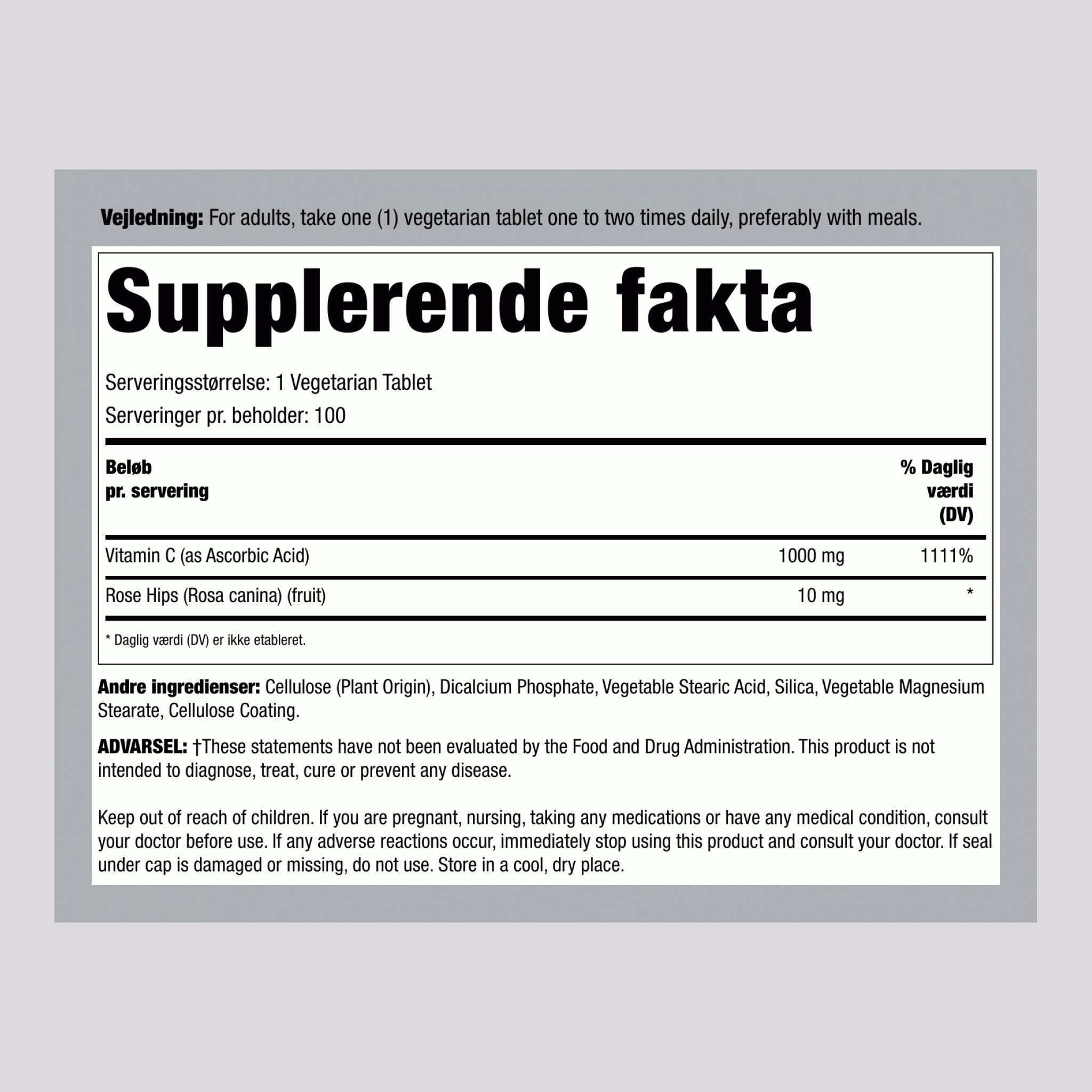 Vitamin C 1000 mg m/bioflavonoider og hyben - optages over tid 100 Vegetar-tabletter       