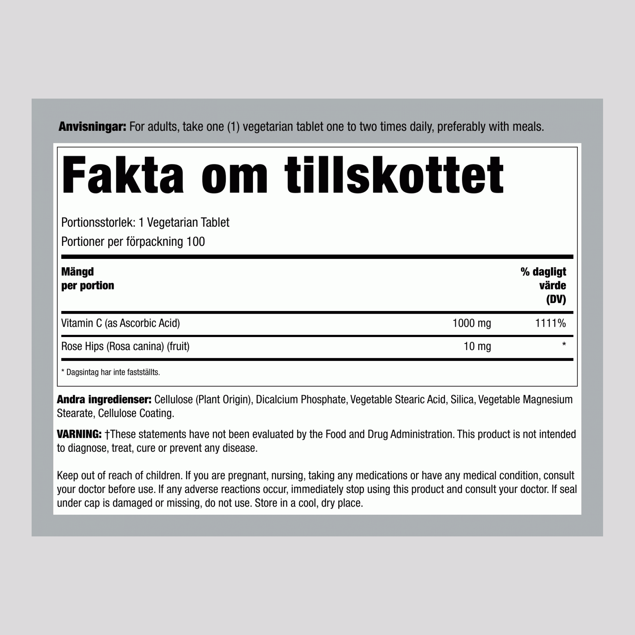 Vitamin C 1 000 mg med bioflavonoider och nypon, tidsutlöst 100 Vegetariska tabletter       