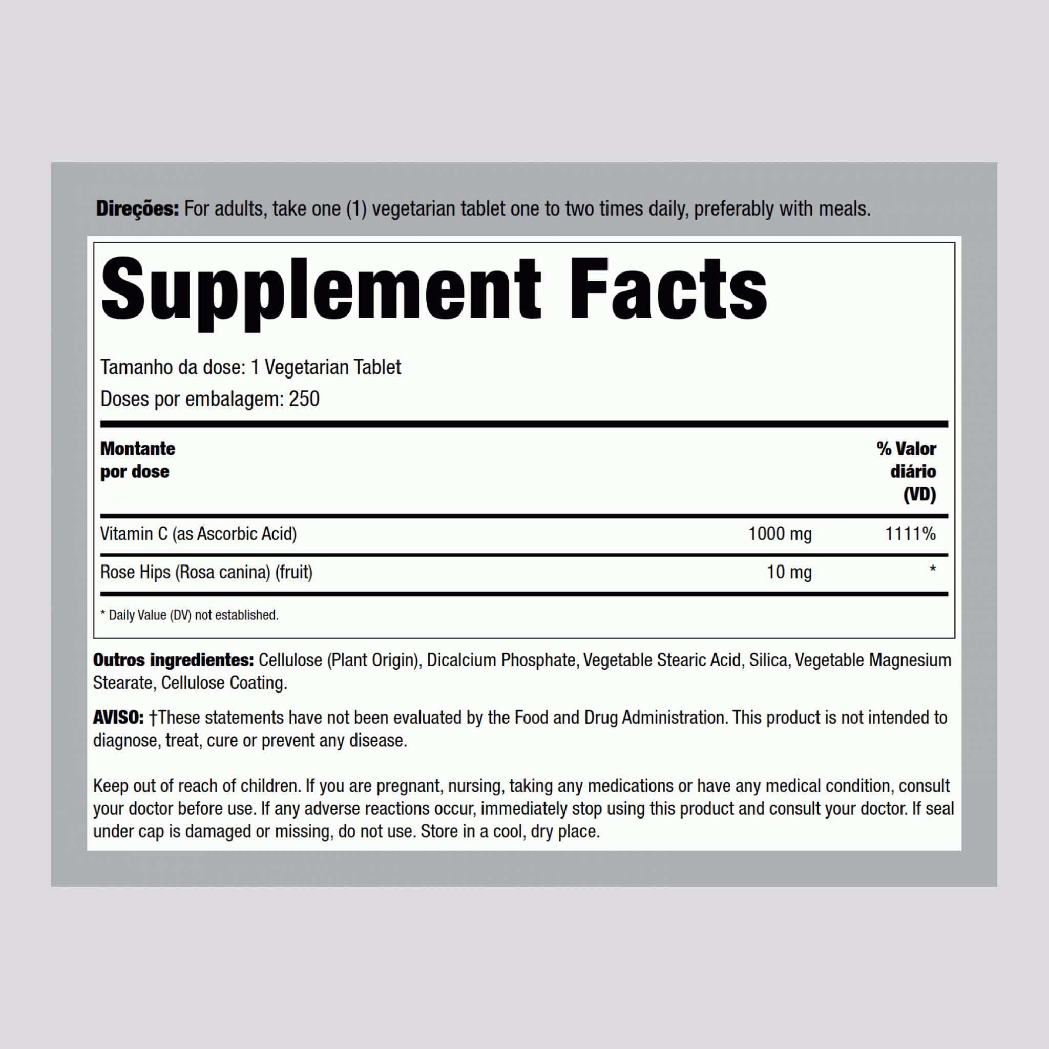 Vitamina C 1000 mg c/ bioflavonóides e frutos de roseira brava Libertação lenta 250 Comprimidos vegetarianos       