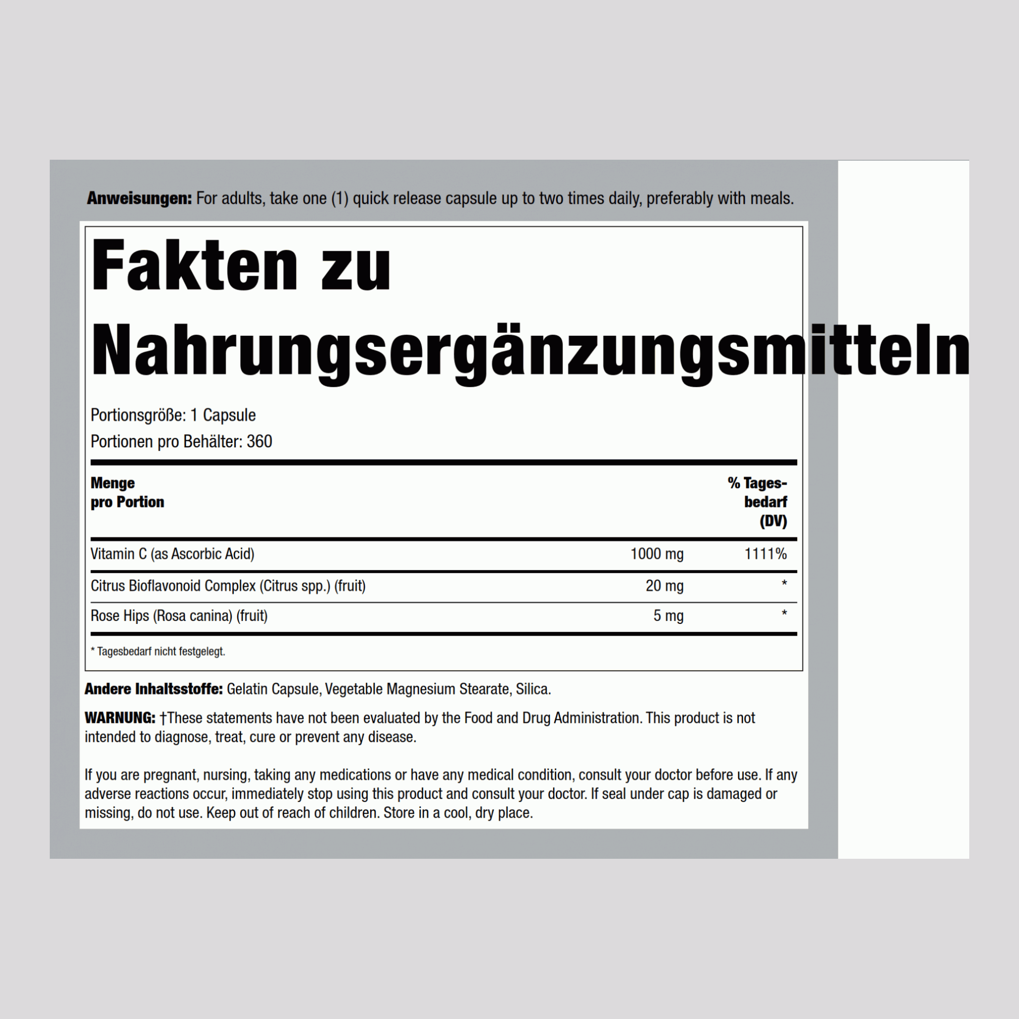 C-Gram 1000 mg mit Hagebutten und Bioflavonoiden 360 Kapseln mit schneller Freisetzung       