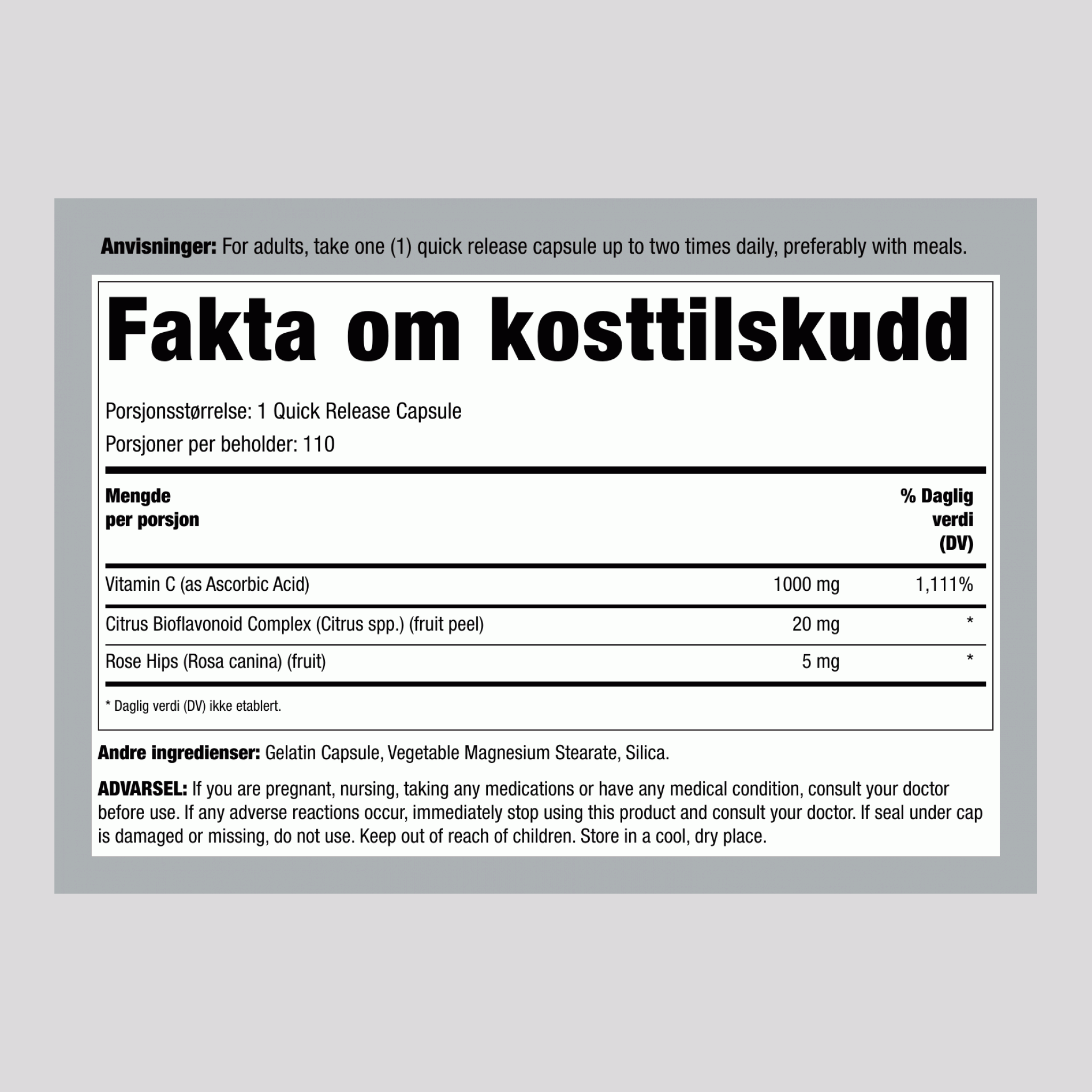 C-Gram 1000 mg med nyper og bioflavonoider 110 Hurtigvirkende kapsler      