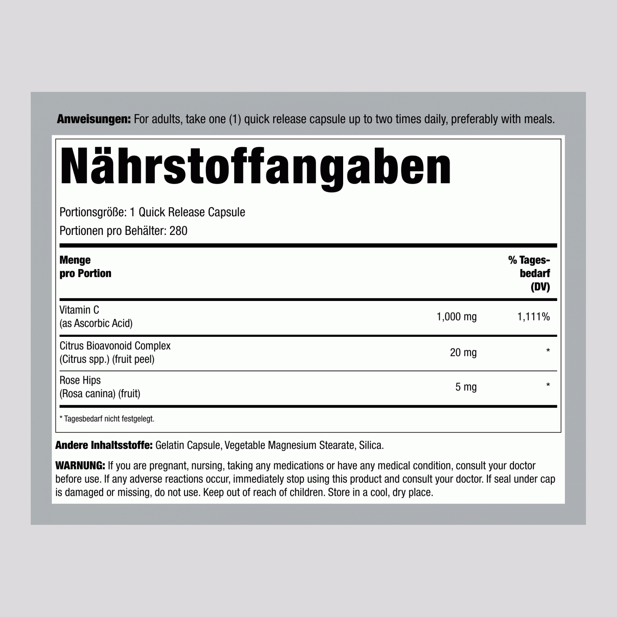 C-Gram 1000 mg mit Hagebutten und Bioflavonoiden 280 Kapseln mit schneller Freisetzung      