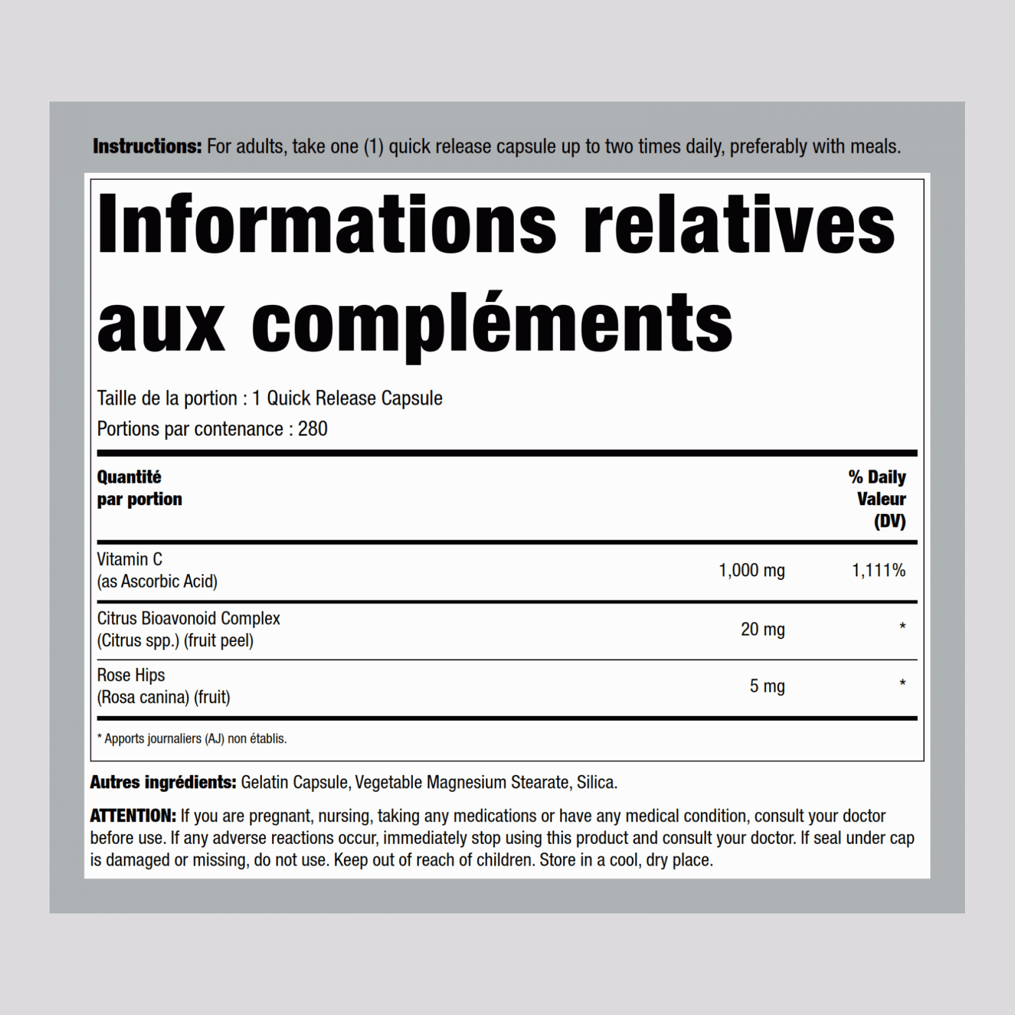 Vitamine C 1 000 mg avec des cynorhodons et bioflavonoïdes pour lutter contre les bactéries à gram positif 280 Gélules à libération rapide      