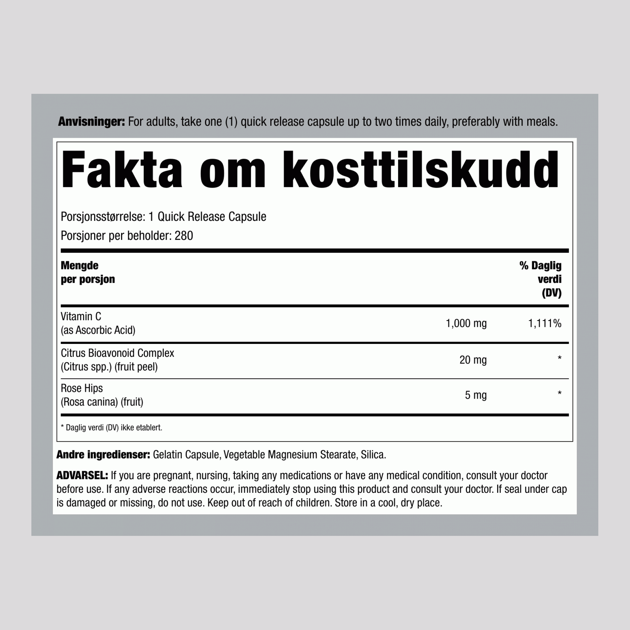 C-Gram 1000 mg med nyper og bioflavonoider 280 Hurtigvirkende kapsler      