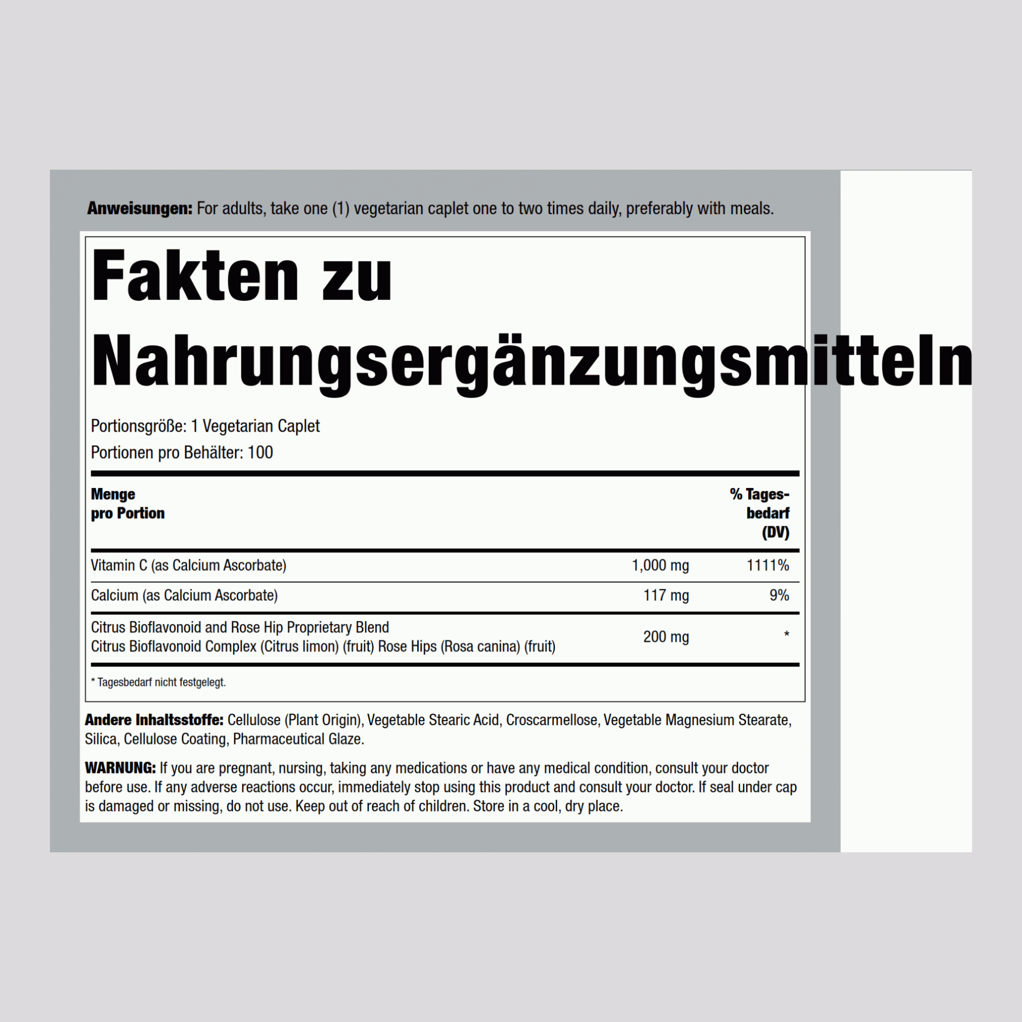 Gepuffertes Vitamin C 1000 mg 100 Vegetarische Tabletten       