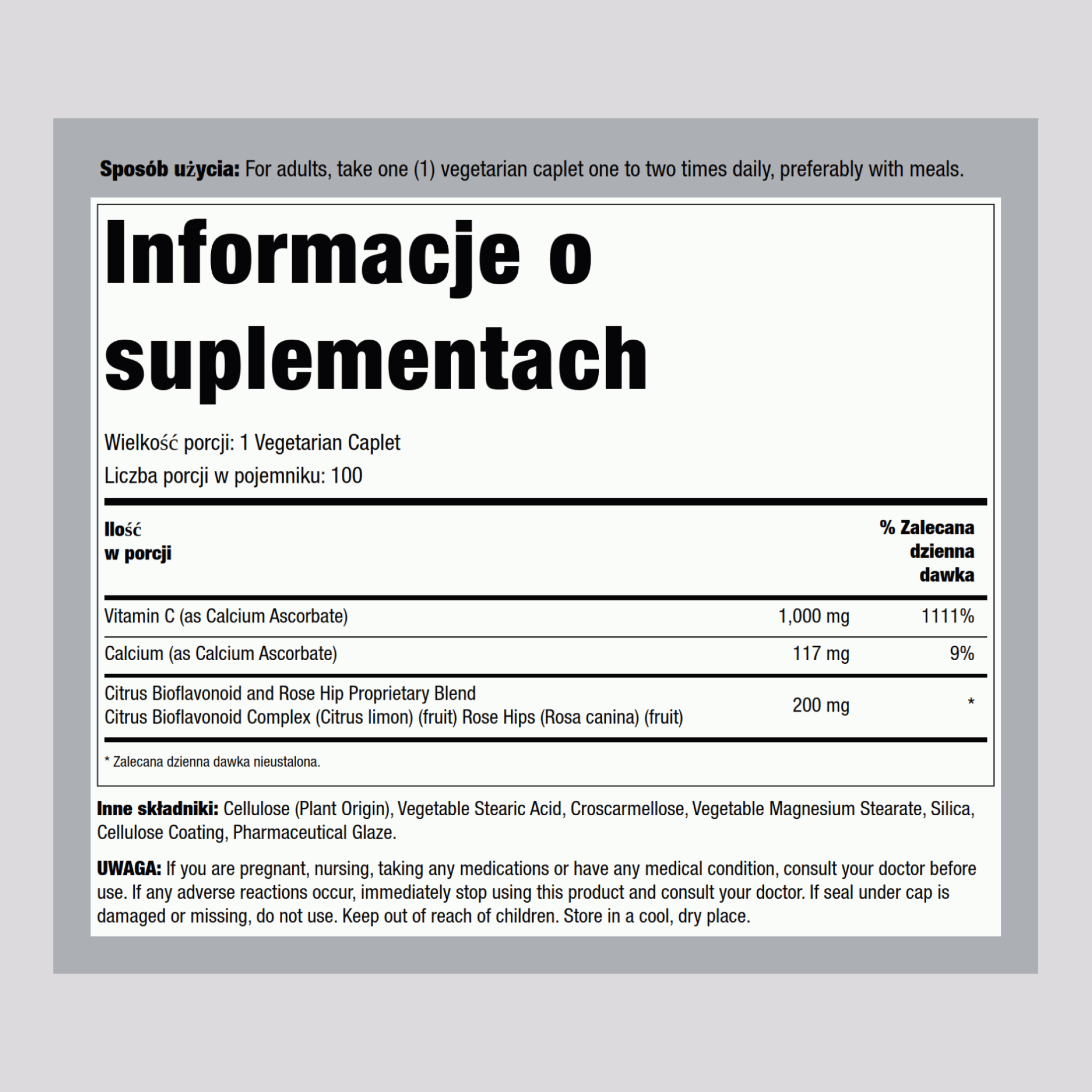 Buforowana witamina C 1000 mg 100 Tabletki wegetariańskie       