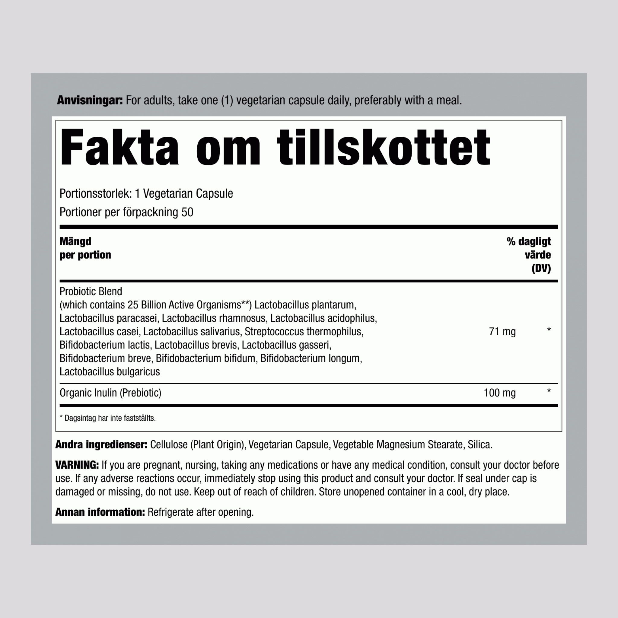 Probiotika 25 miljarder 50 Vegetariska kapslar       