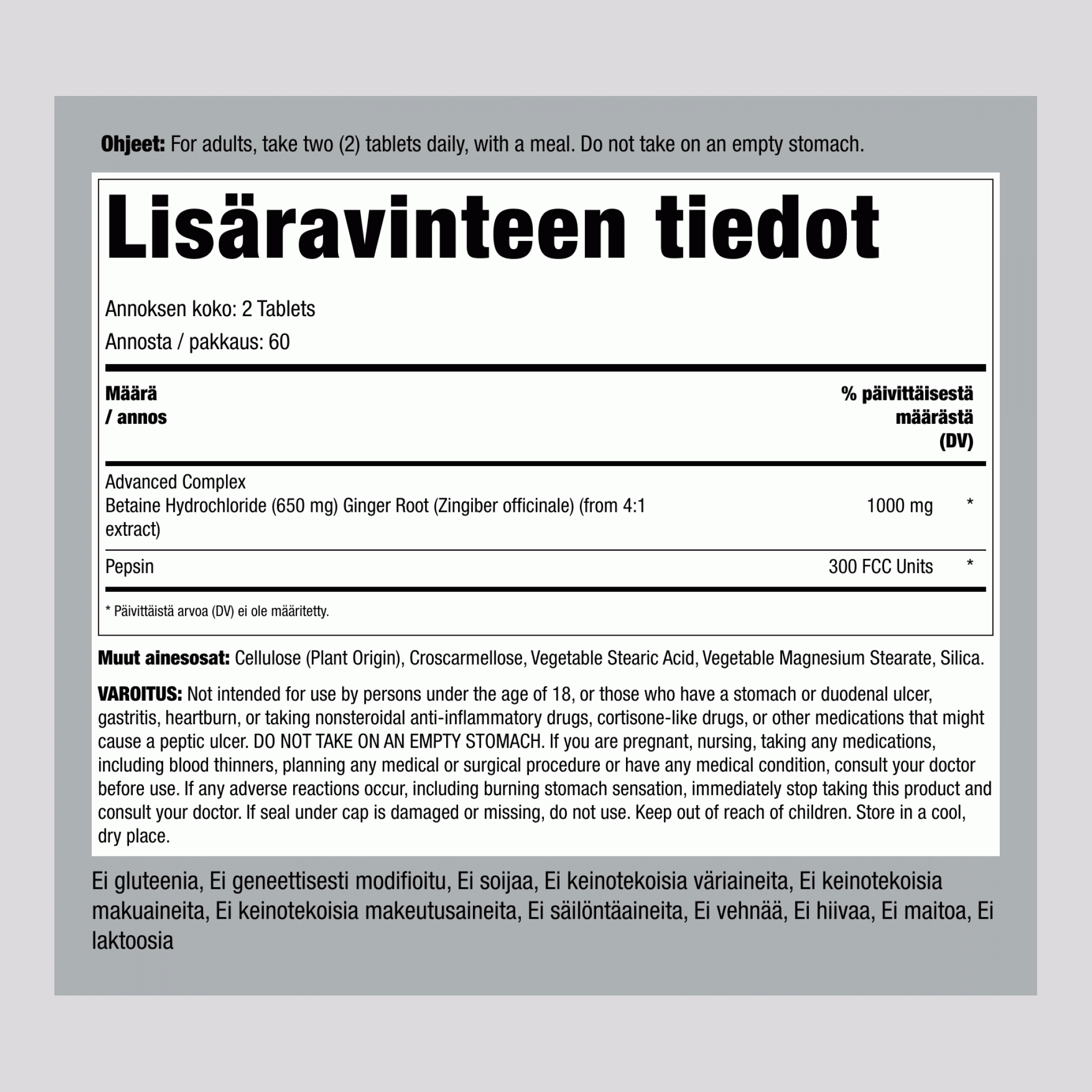 Betaiini HCl 650 mg pepsiinillä ja inkiväärillä, 120 tablettia