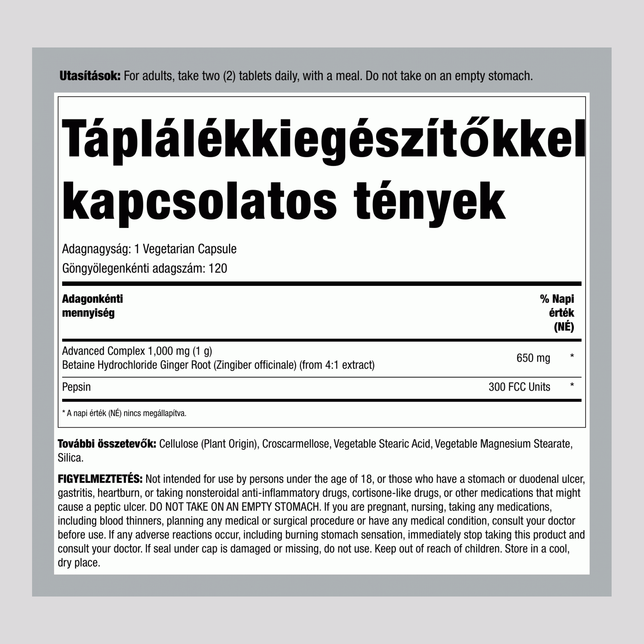 Betaine HCl 648 mg pepszin aktivitással 120 Vegetáriánus kapszula       