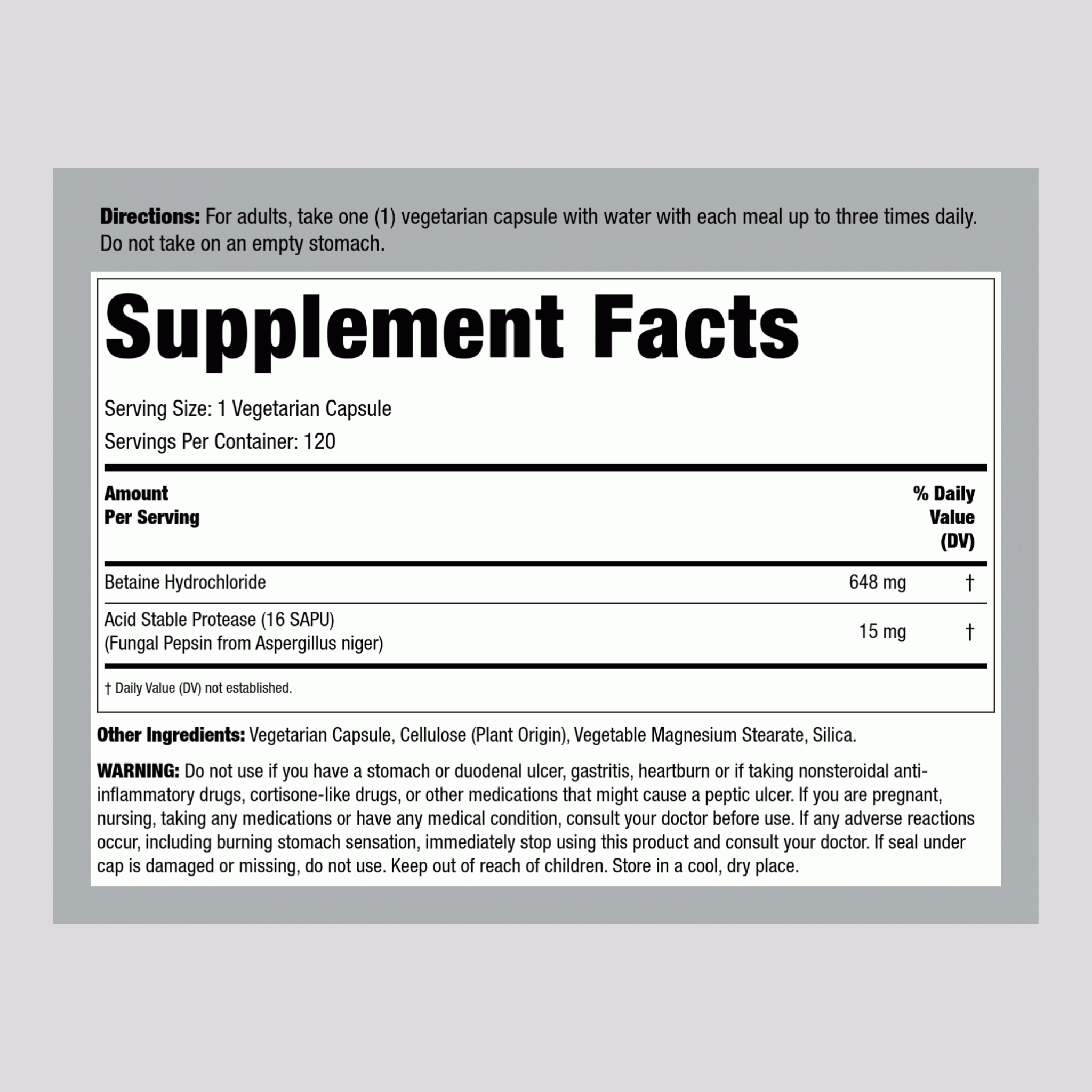 鹽酸甜菜堿有胃蛋白酶活性，648毫克 120 素食專用膠囊       