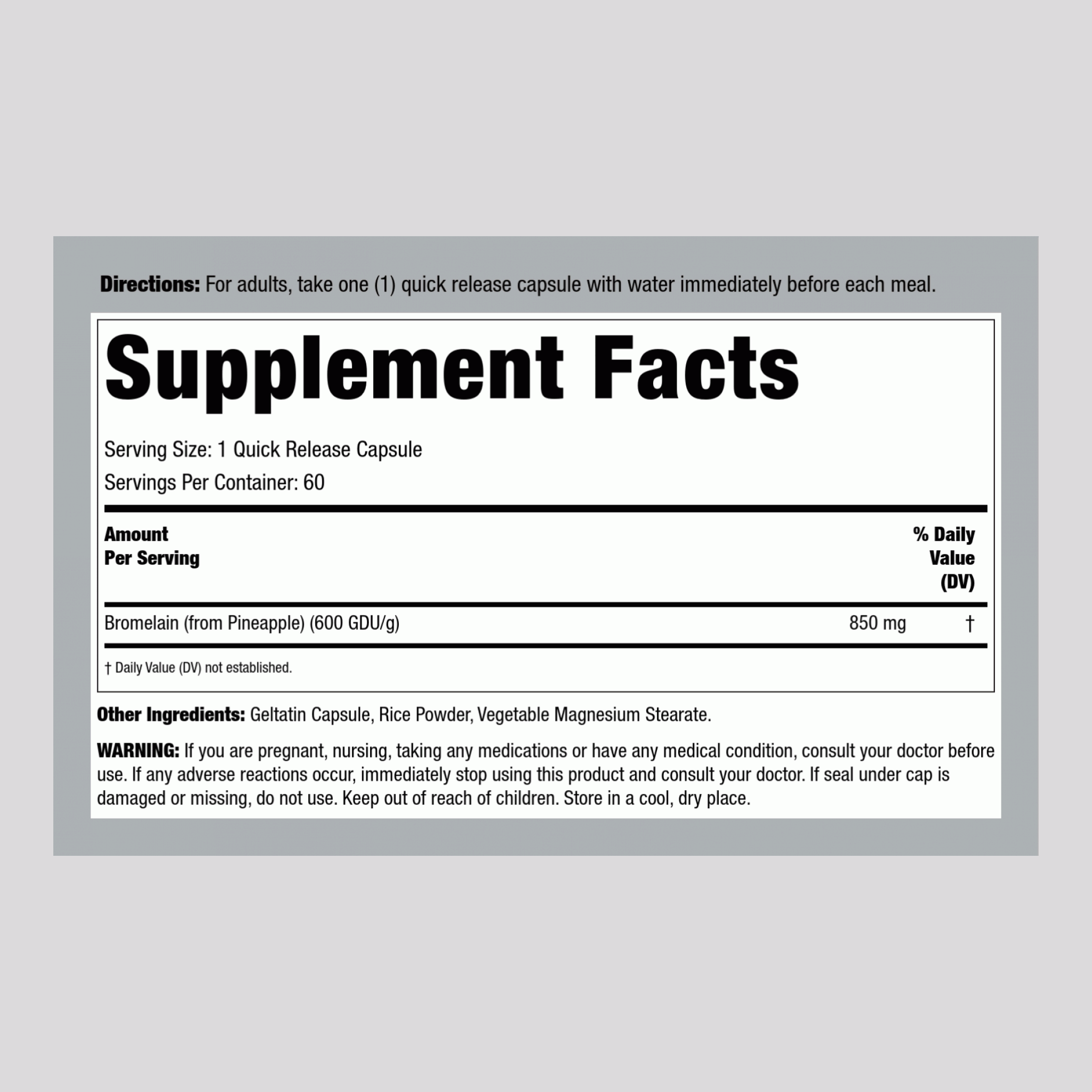 Bromelain Pineapple Enzyme (600 GDU/g), 850 mg, 60 Quick Release Capsules