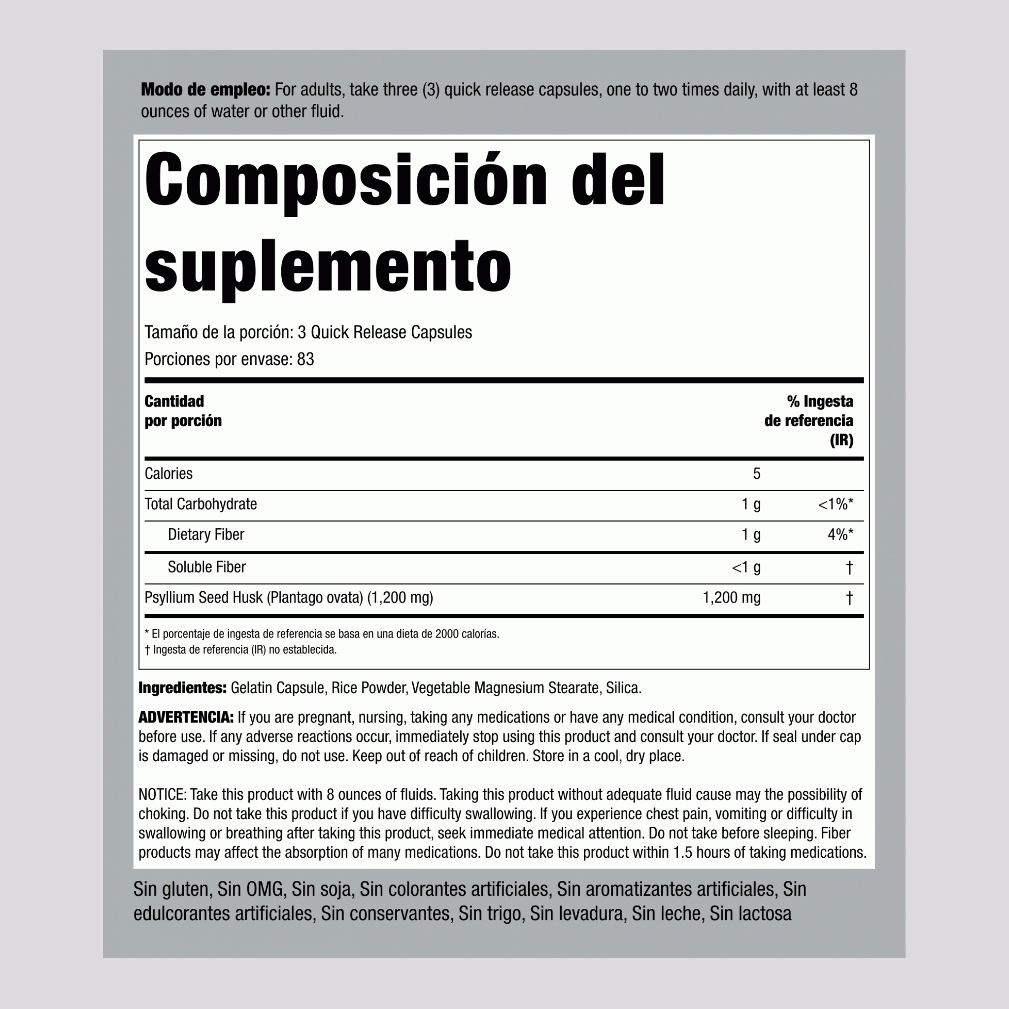 Cáscaras de Psyllium, 250 Cápsulas de Liberación Rápida