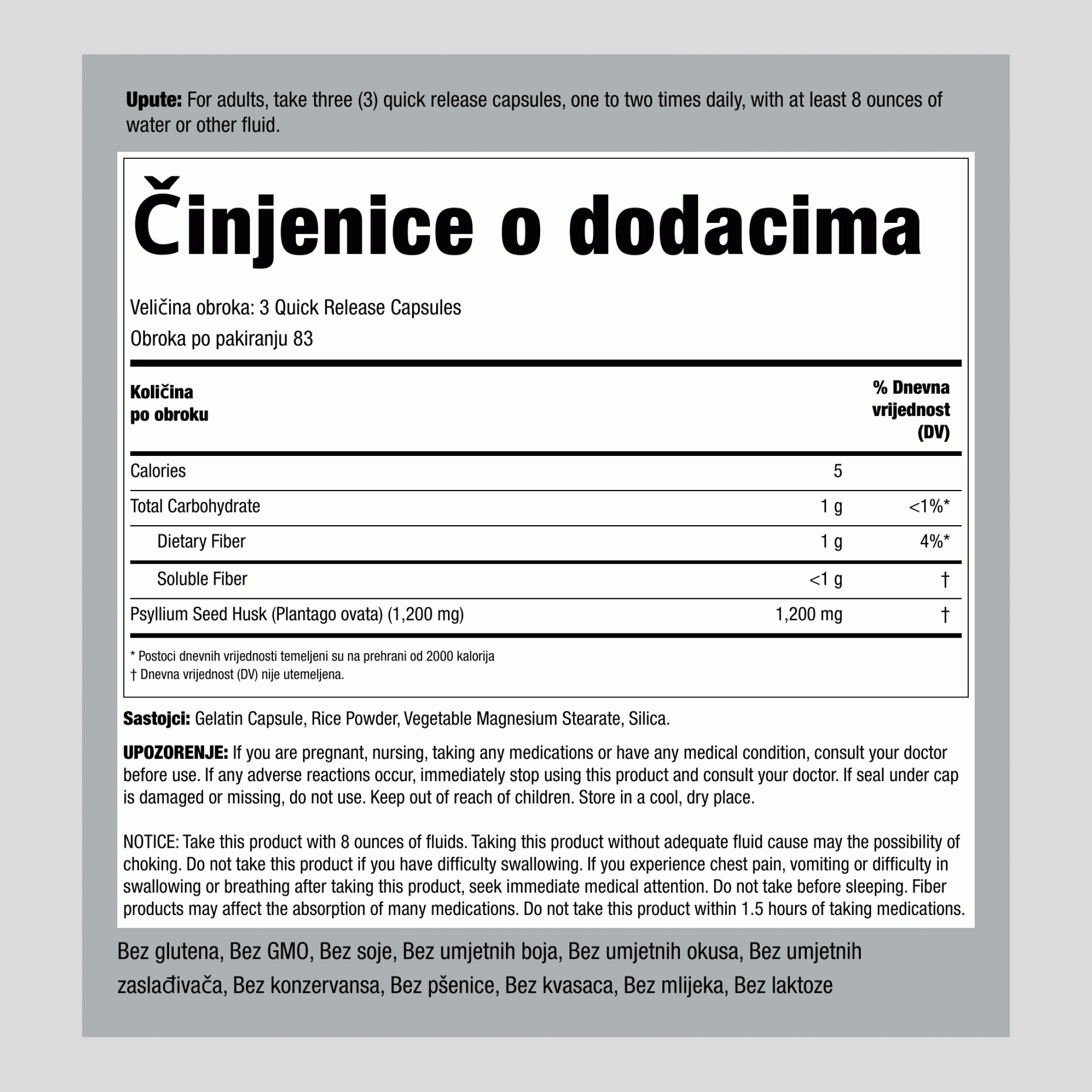 Psyllium ljuskaste, 250 kapsula za brzo oslobađanje