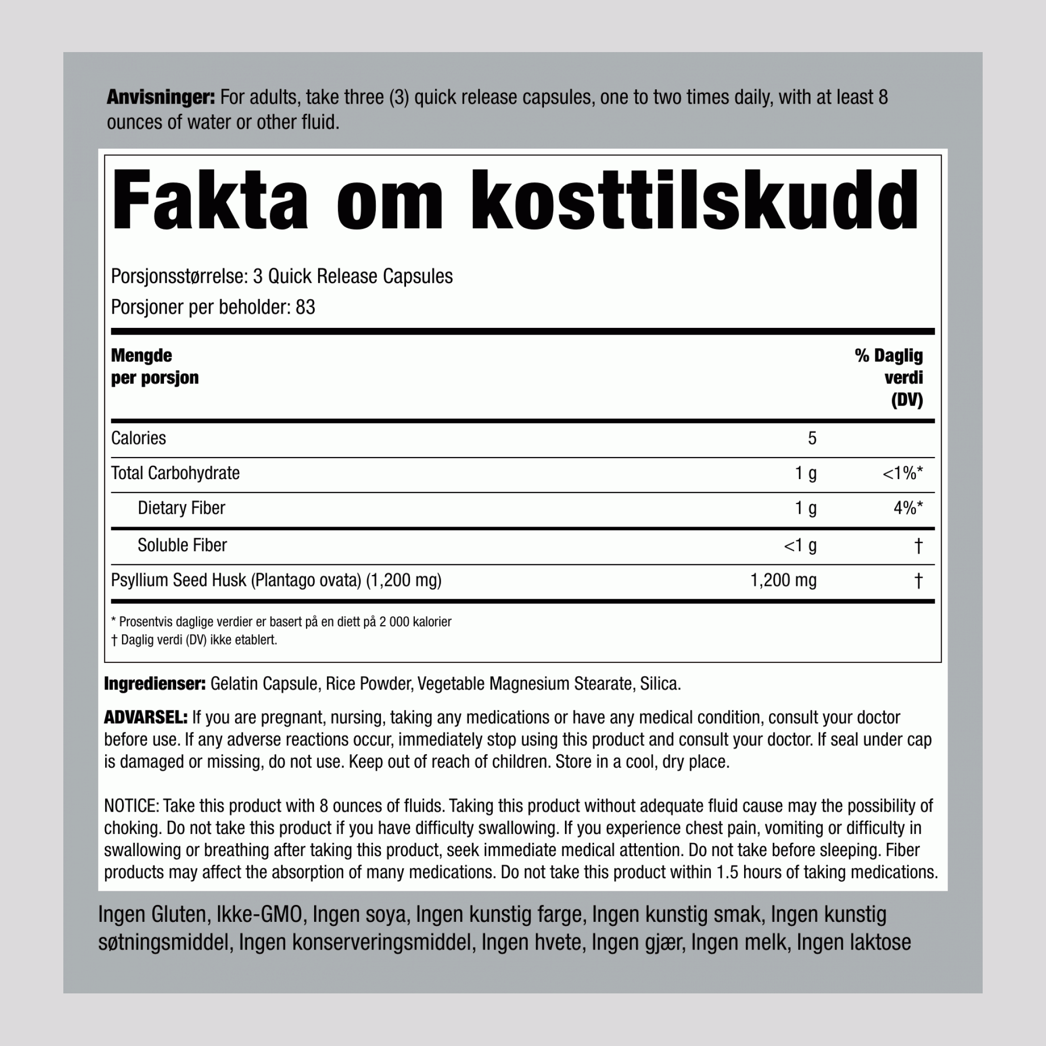 Psyllium Husk, 250 Kapsler med Rask Frigivelse