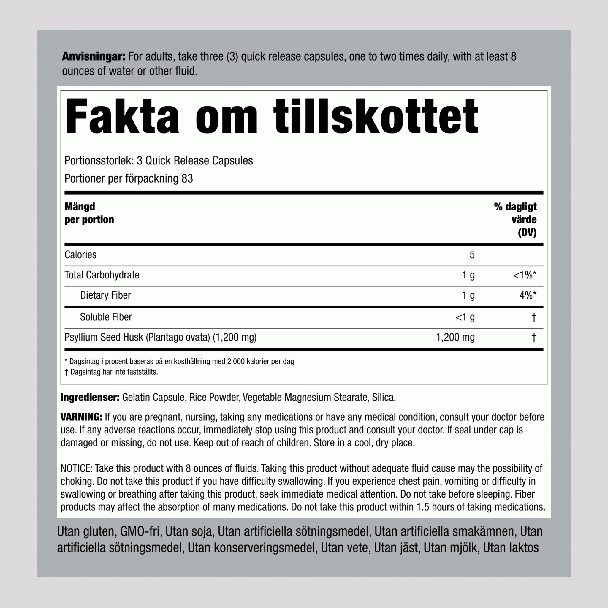 Psyllium Husk, 250 Snabbverkande kapslar