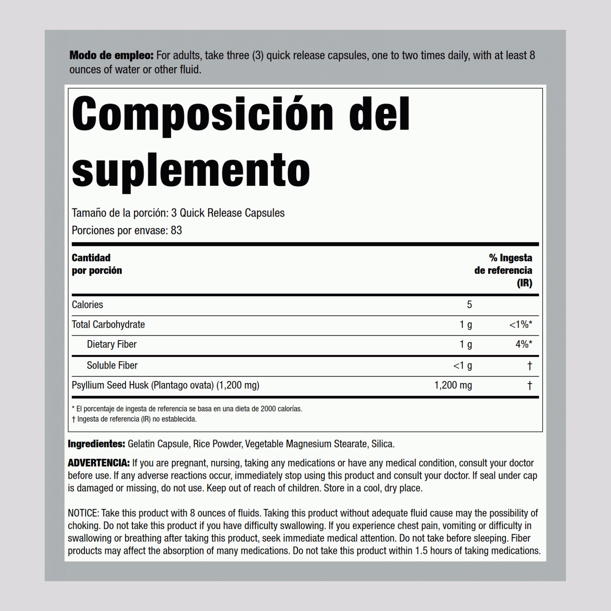 Cáscaras de psyllium  510 mg 250 Cápsulas de liberación rápida     